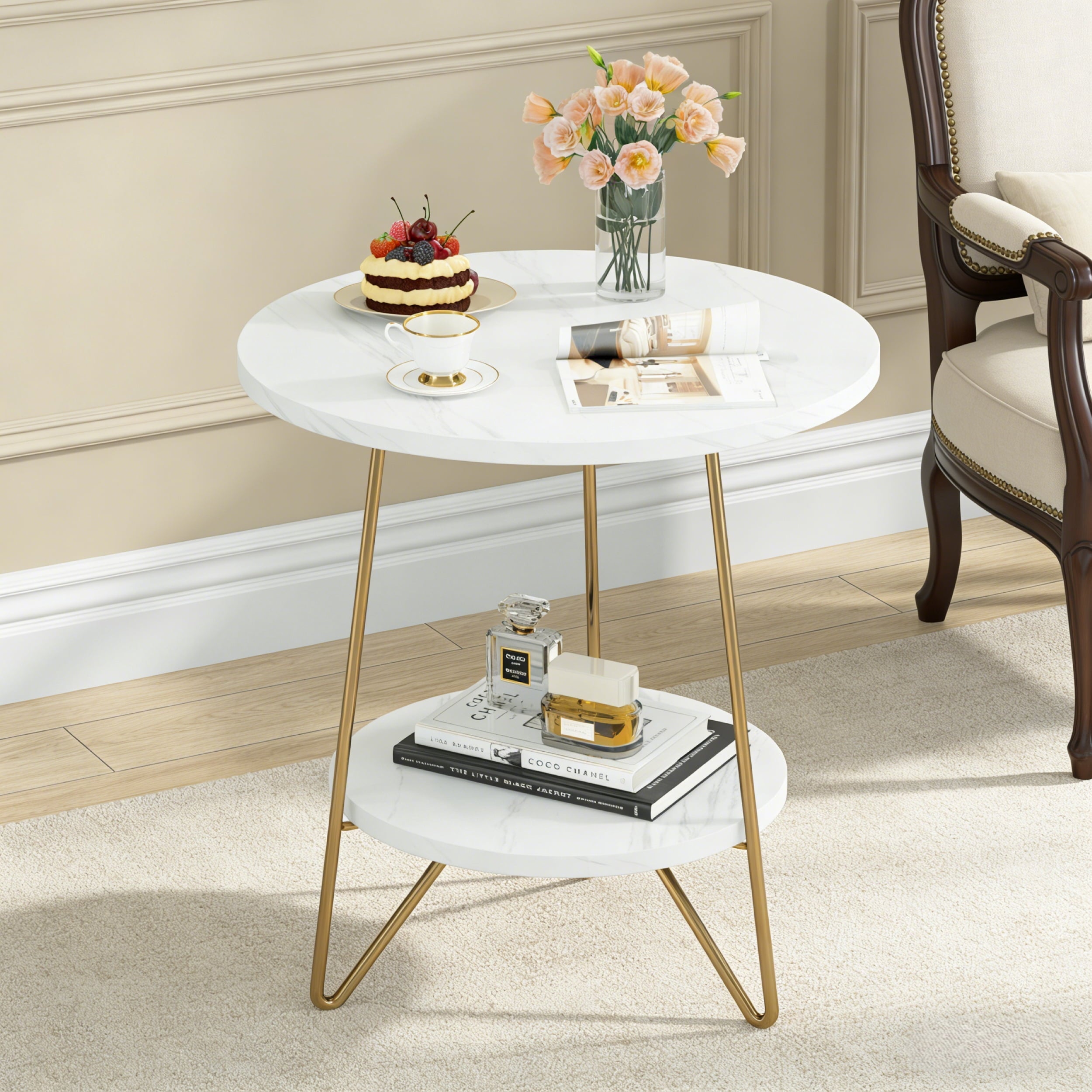 Fnova Modern 2-Tier Round Side Table with Faux Marble Print Top & Gold Metal Frame, Wooden End Table for Living Room, Bedroom, Easy Assembly,White
