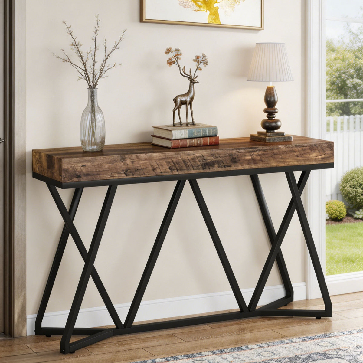 Fnova 55-Inch Industrial Console Table, Farmhouse Wooden Sofa Table, Entryway Table with Metal Base, Behind The Couch Table, Foyer Table, Accent Table for Hallway, Living Room, Entranc,WM010374_BN_US