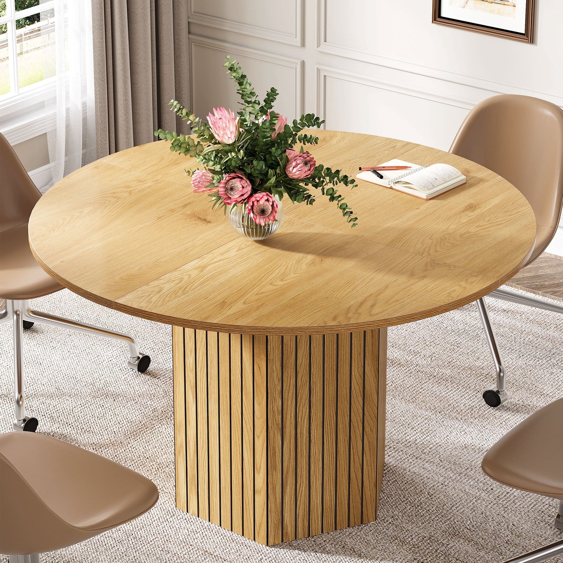 Fnova 47.25¡± Modern Round Dining Table, Farmhouse Wooden Kitchen Table with Hexagonal Pedestal, for Dining Room/Kitchen/Living Room, Easy Assembly,WM010290_BN_Tables
