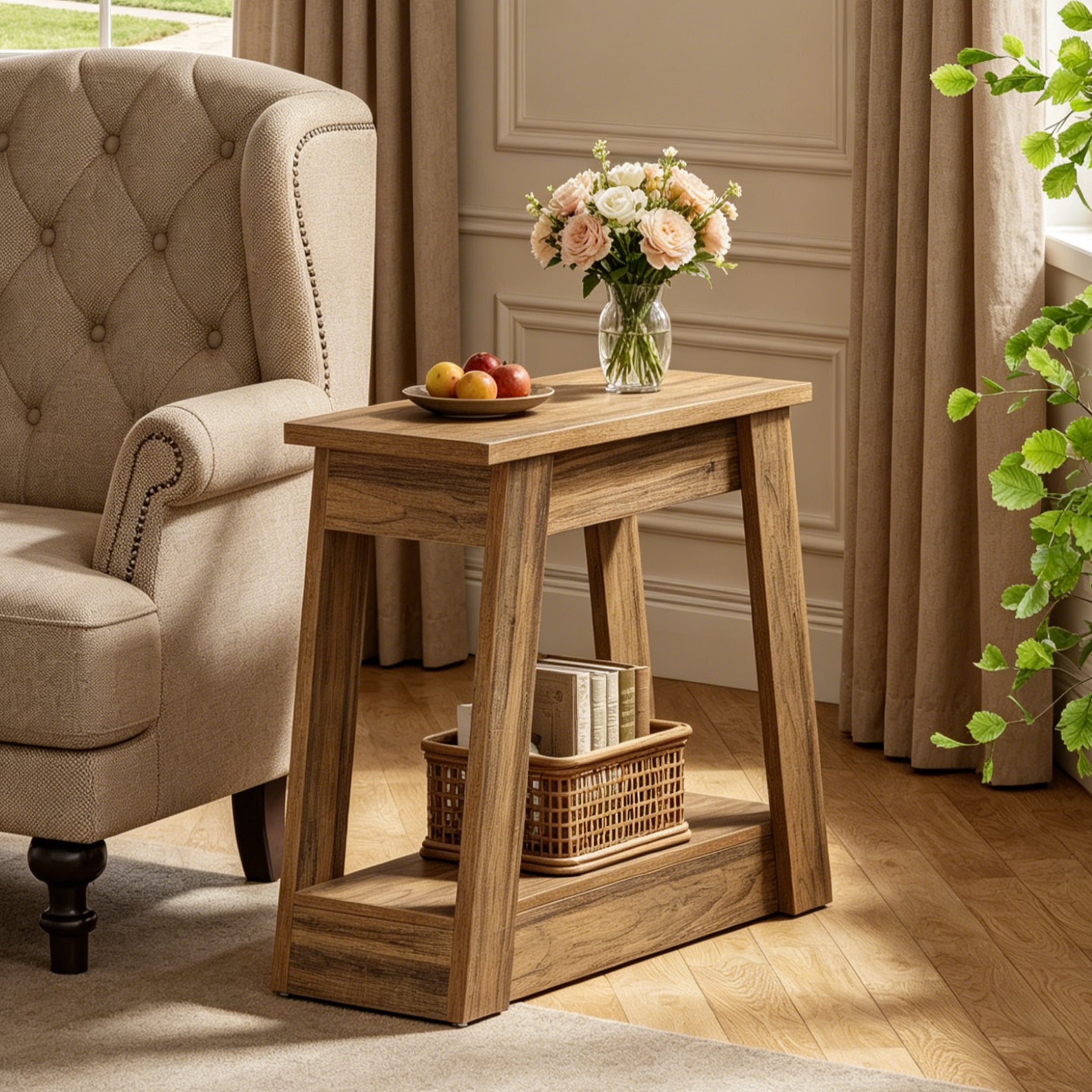 Fnova 2-Tier Narrow End Table, Wood Side Table with Open Storage Shelf, Accent Table Nightstand, Easy Assembly, for Living Room, Bedroom, Entryway, Small Space,Brown