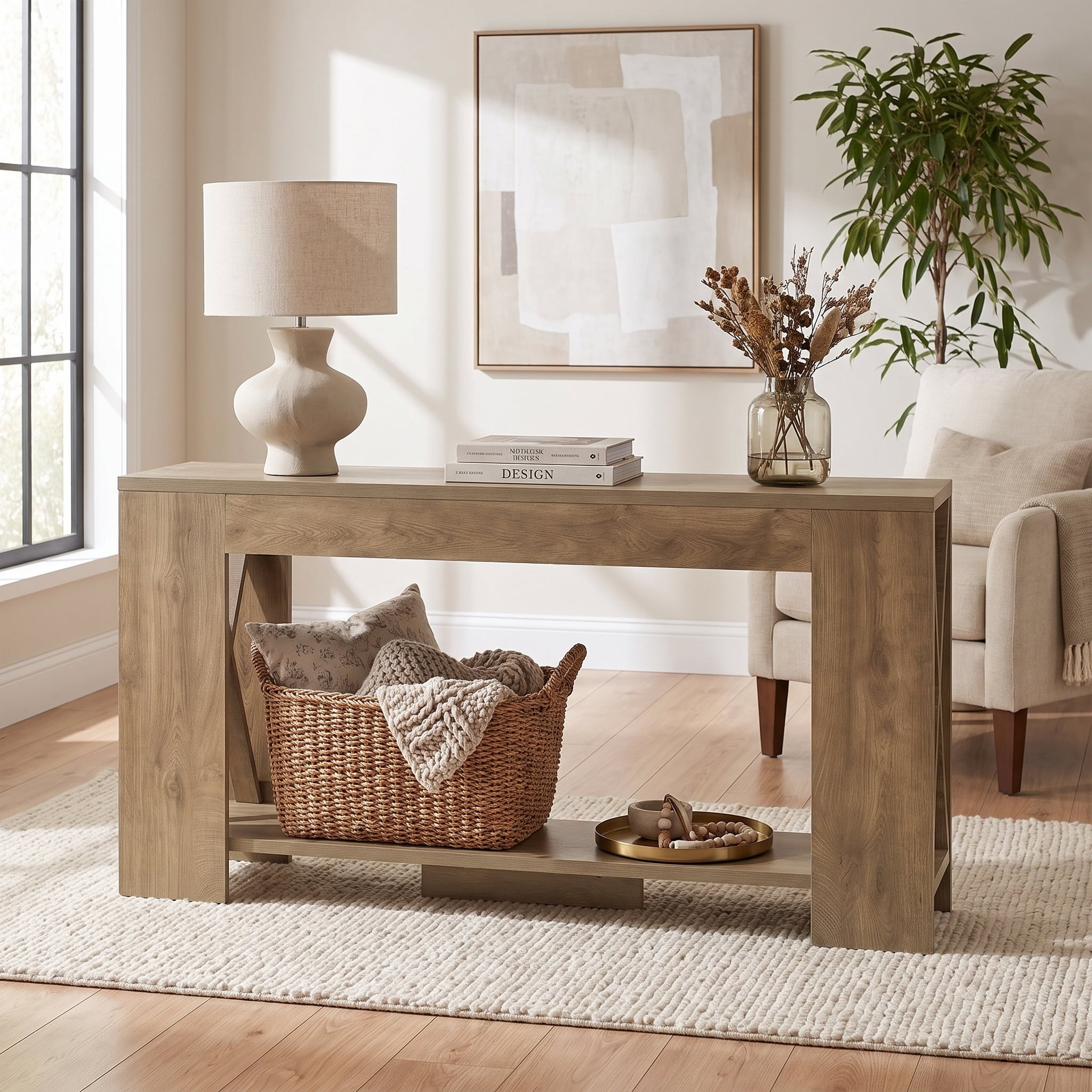 Fnova 70.87 Inch Console Table, 2-Tier Farmhouse Sofa Table with Storage Shelves, Narrow Behind Couch Accent Table for Living Room, Entryway, Hallway,WM010990_BN_US