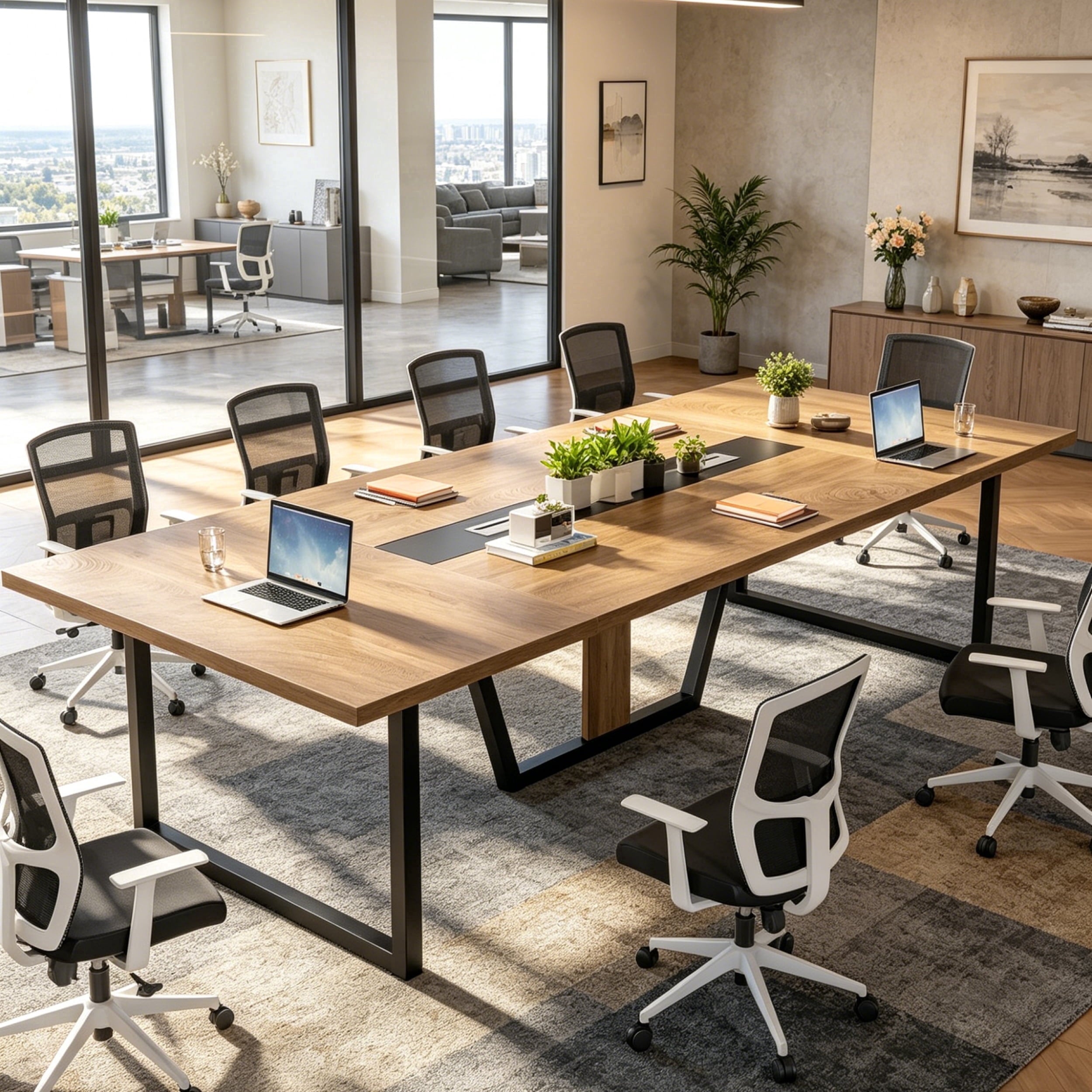 Fnova 94"Large Conference Table for 8-10 People, Modern Executive Meeting Table with Cable Management & Adjustable Feet, Heavy-Duty Office Conference Desk for Boardroom, Training Room,Warm Brown