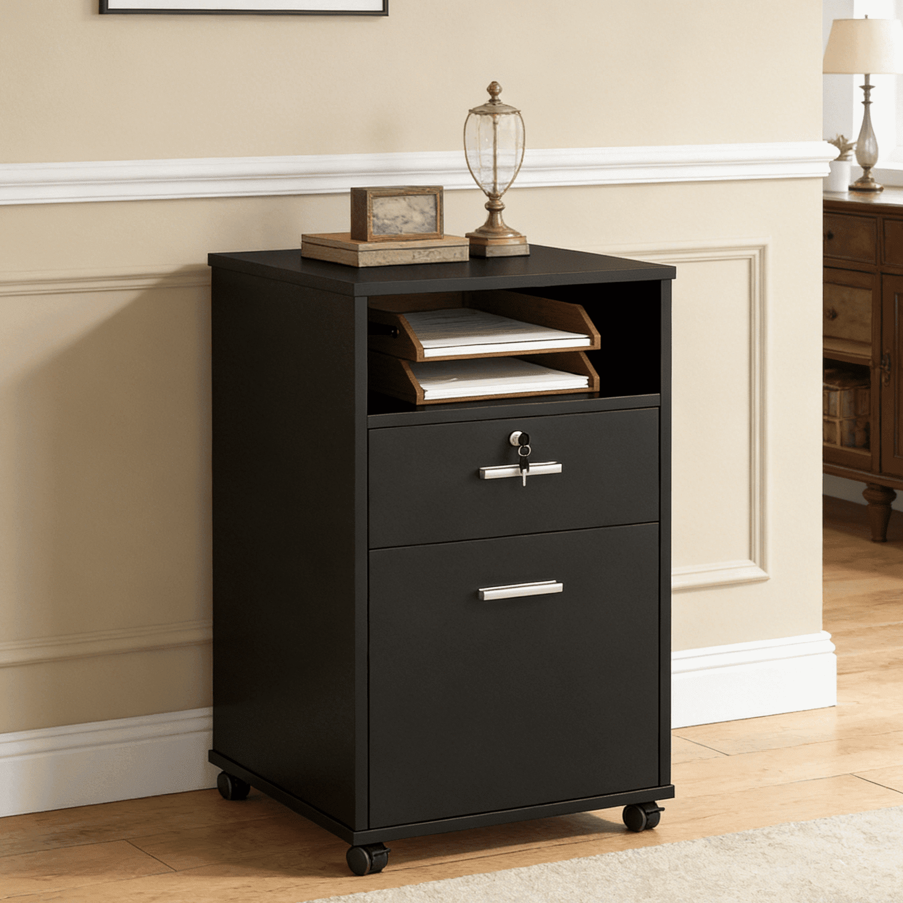 Fnova 2-Drawer Mobile File Cabinet with Rollers, Wood Modern Filing Cabinet with Lock and Key for Letter Size, Caninet with Open Shelf for Home Office, Black,WM011406_B_File