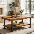 Fnova Farmhouse 2-Tier Coffee Table with Live Edge Shelf & Metal Legs, 47 Inch Rectangle Living Room Table, Industrial Accent Tea Table, Home Office, Brown & Black,0
