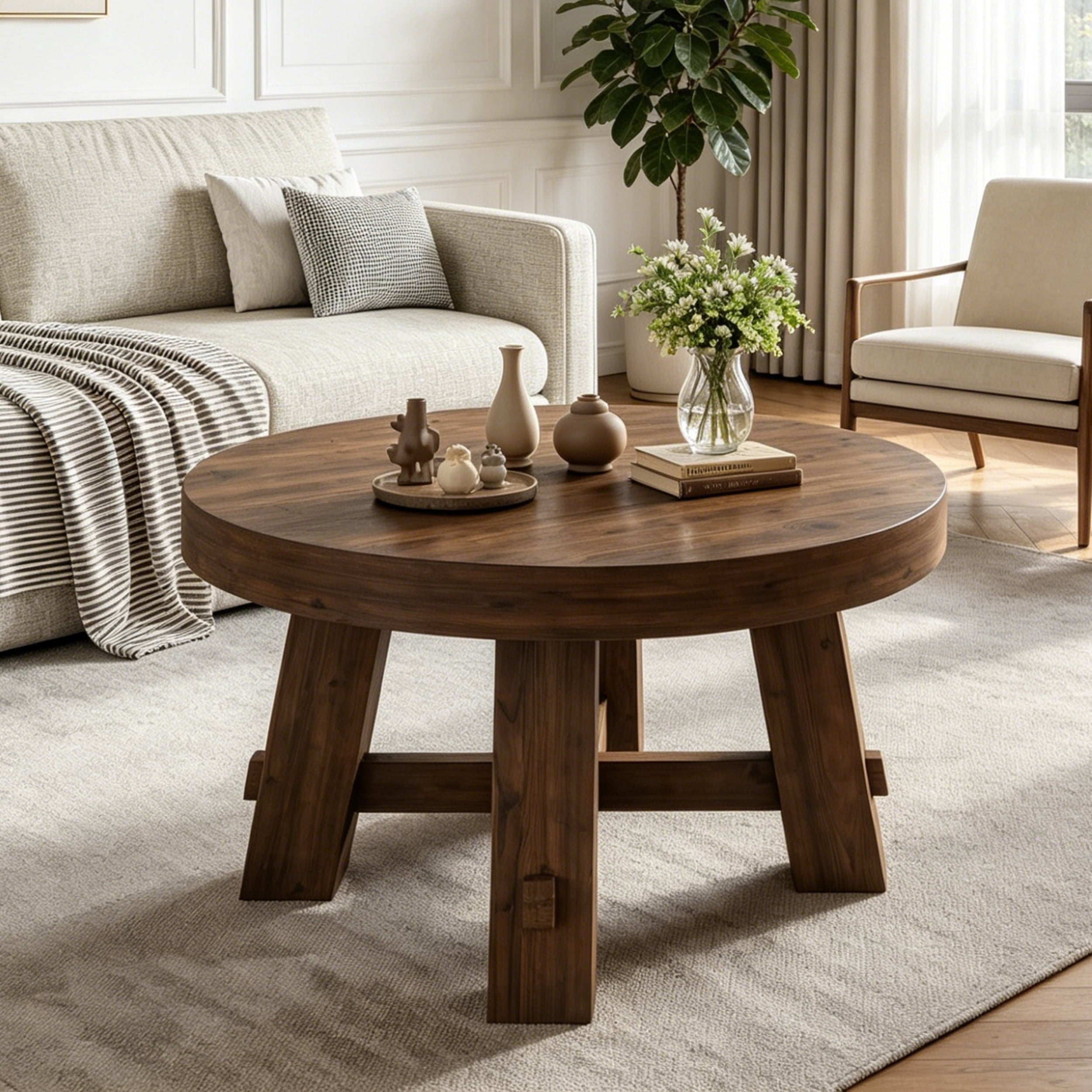 Fnova 31.5 Inch Solid Wood Round Coffee Table, Farmhouse Circle Center Table with Thick Top & Sturdy Legs, Accent Tea Table for Lounge, Living Room, Brown,WM010492_BN_US