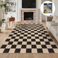 Fnova Checkered Area Rug, 5' x 7' Machine Washable Non Slip Rug for Living Room Bedroom Kitchen, Kid and Pet Friendly Low Pile Indoor Carpet,Black & Beige,5' x 7'