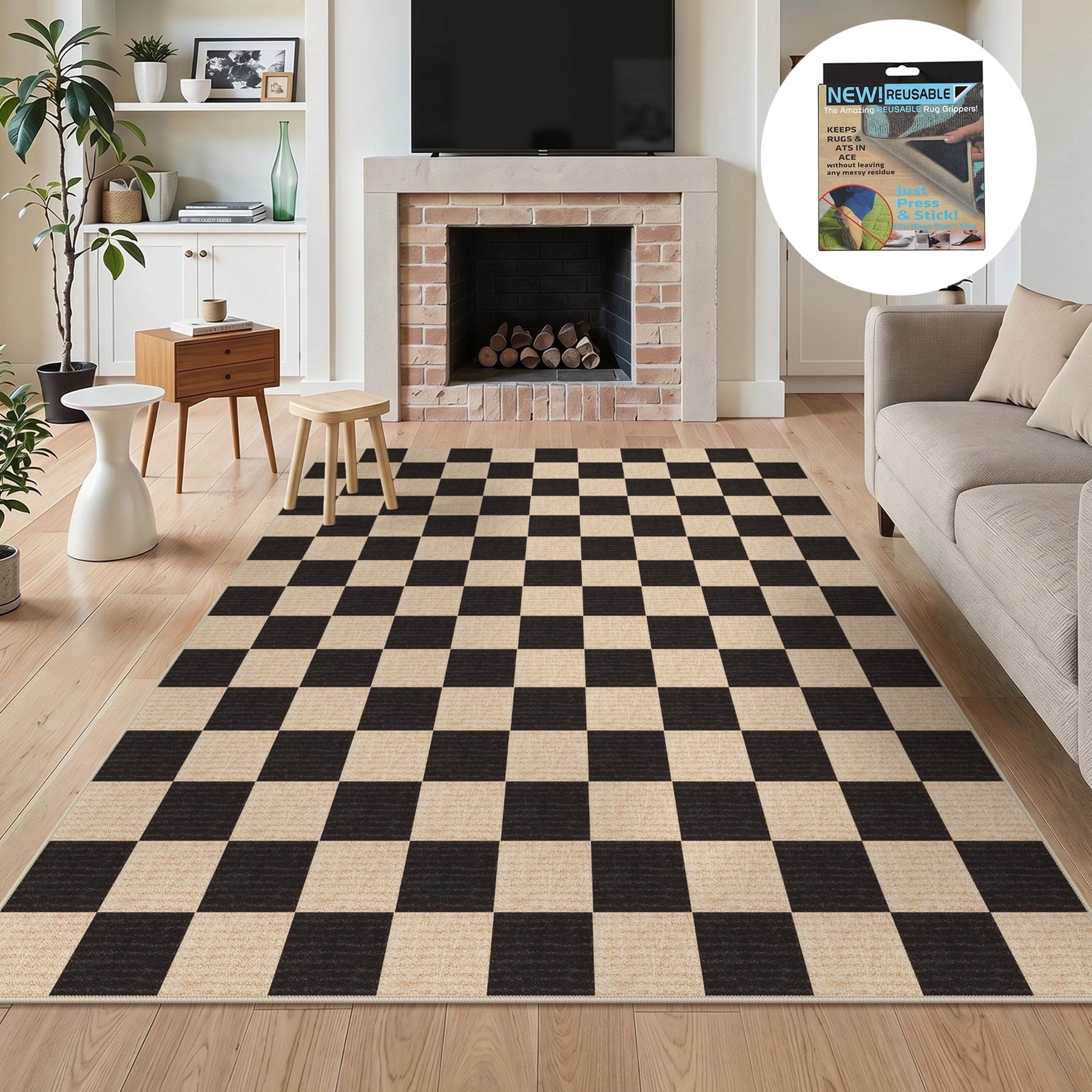 Fnova Checkered Area Rug, 5' x 7' Machine Washable Non Slip Rug for Living Room Bedroom Kitchen, Kid and Pet Friendly Low Pile Indoor Carpet,Black & Beige,5' x 7'