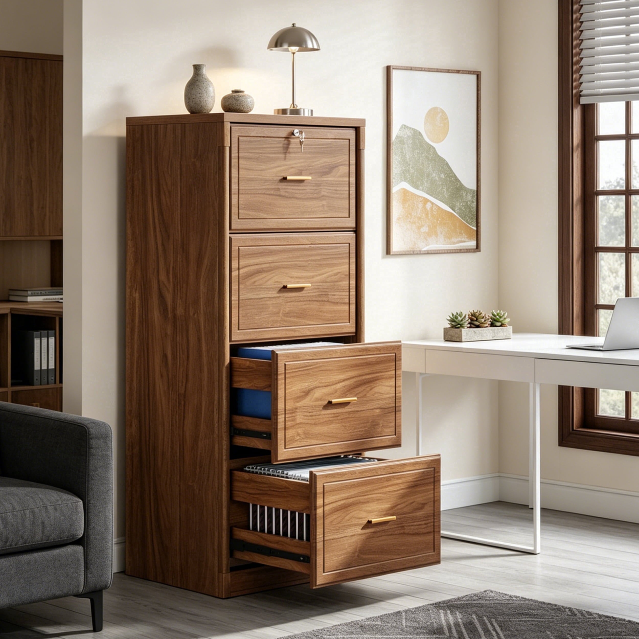 Fnova 4-Drawer File Cabinet, Tall Filing Cabinet with Lock and Key, Heavy Duty Wooden Vertical Office Storage Organizer for Legal Size/Letter/A4/Files, Home Office, Brown,WM011403_BN_File