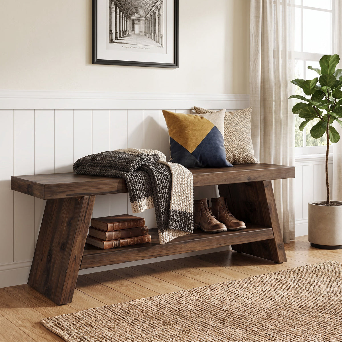 Fnova 47.24 Inch Solid Wood 2-Tier Entryway Bench with A-Frame Shoe Storage, Multi-Functional Wooden Storage Bench for Entryway, Living Room, Bedroom, Dining Room,WM011213_DBN_US