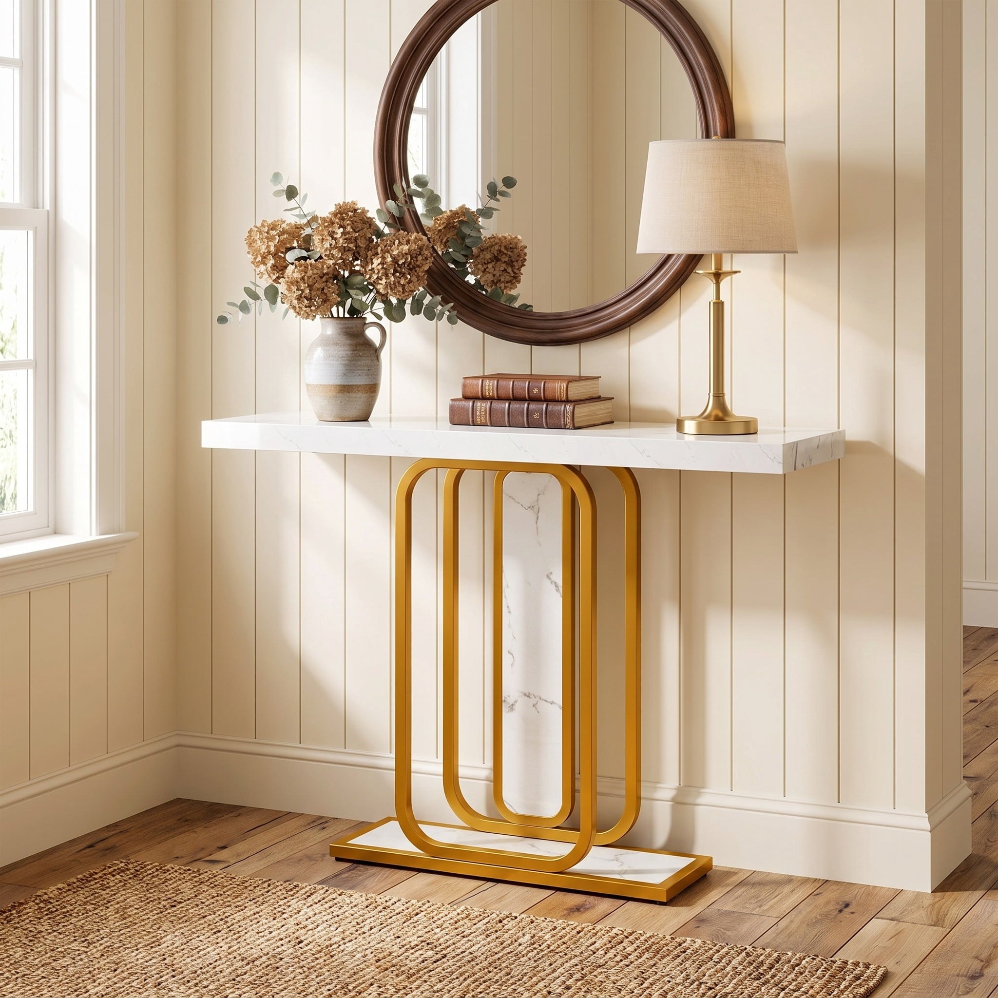Fnova 41.3-Inch Modern LED Console Table, Gold & White Faux Marble Entryway Table, Slim Accent Table for Living Room, Hallway, Foyer,WM010935_WG_US