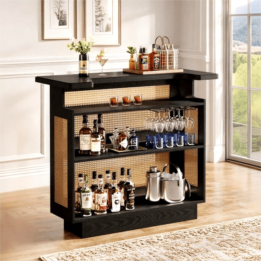 Fnova Rattan Home Bar Unit, Farmhouse 4-Tier Bar Table With 4 Stemware Racks, Heightened Base, Liquor Wine Bar Cabinet Mini Bar Table For Home Pub, Black,Black