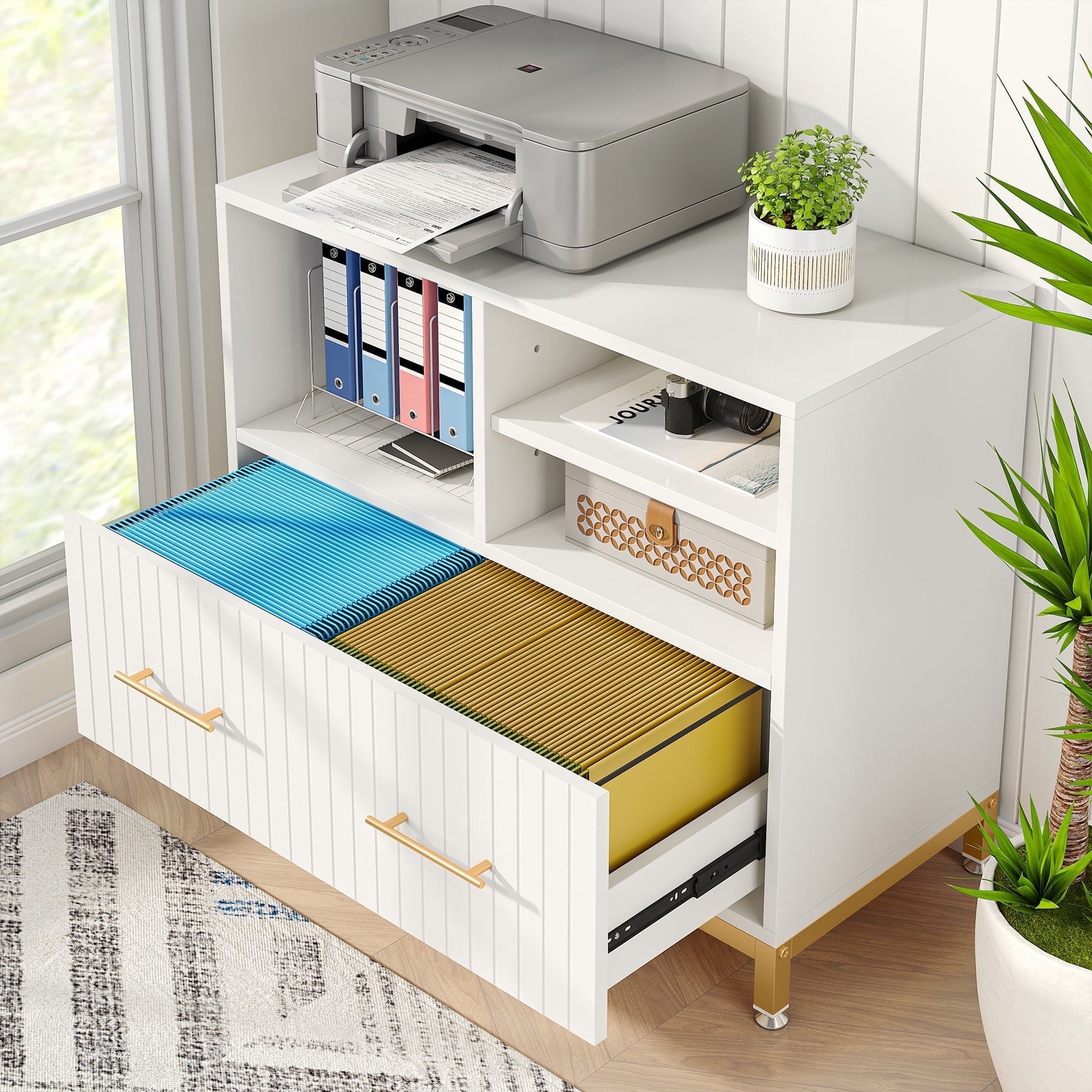 Fnova File Cabinet with Drawer and Open Storage Spaces, 35.4-Inch Wood Modern Filing Cabinet with Adjustable Hanging Rod for Letter/Letter/A4 Size Files, Home Office, White,WM011405_W_File