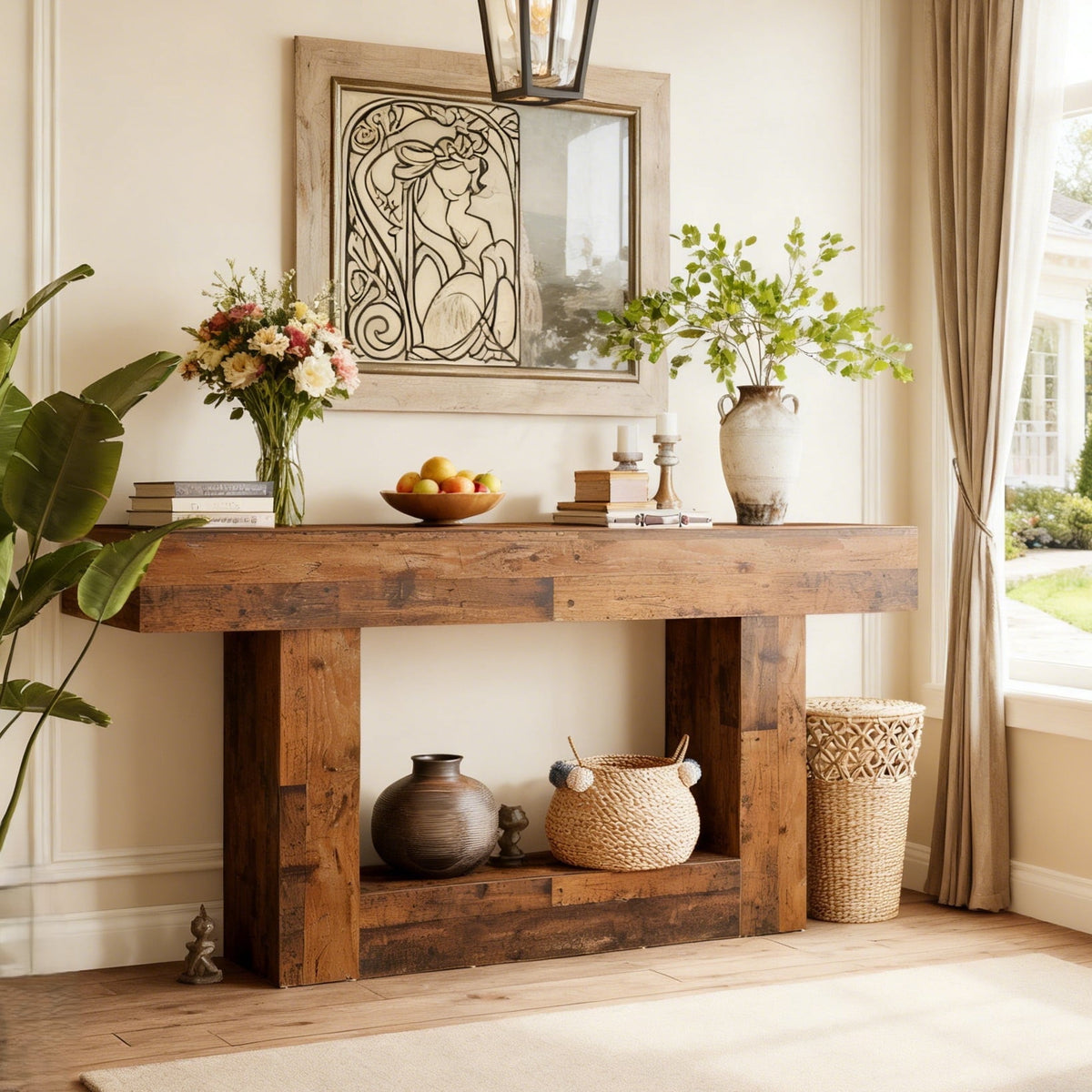 Fnova 63-Inch Farmhouse Console Table, 2-Tier Wood Entryway/Sofa Table with Storage Shelf for Living Room, Hallway, Behind Couch,WM010266_DBN_Tables