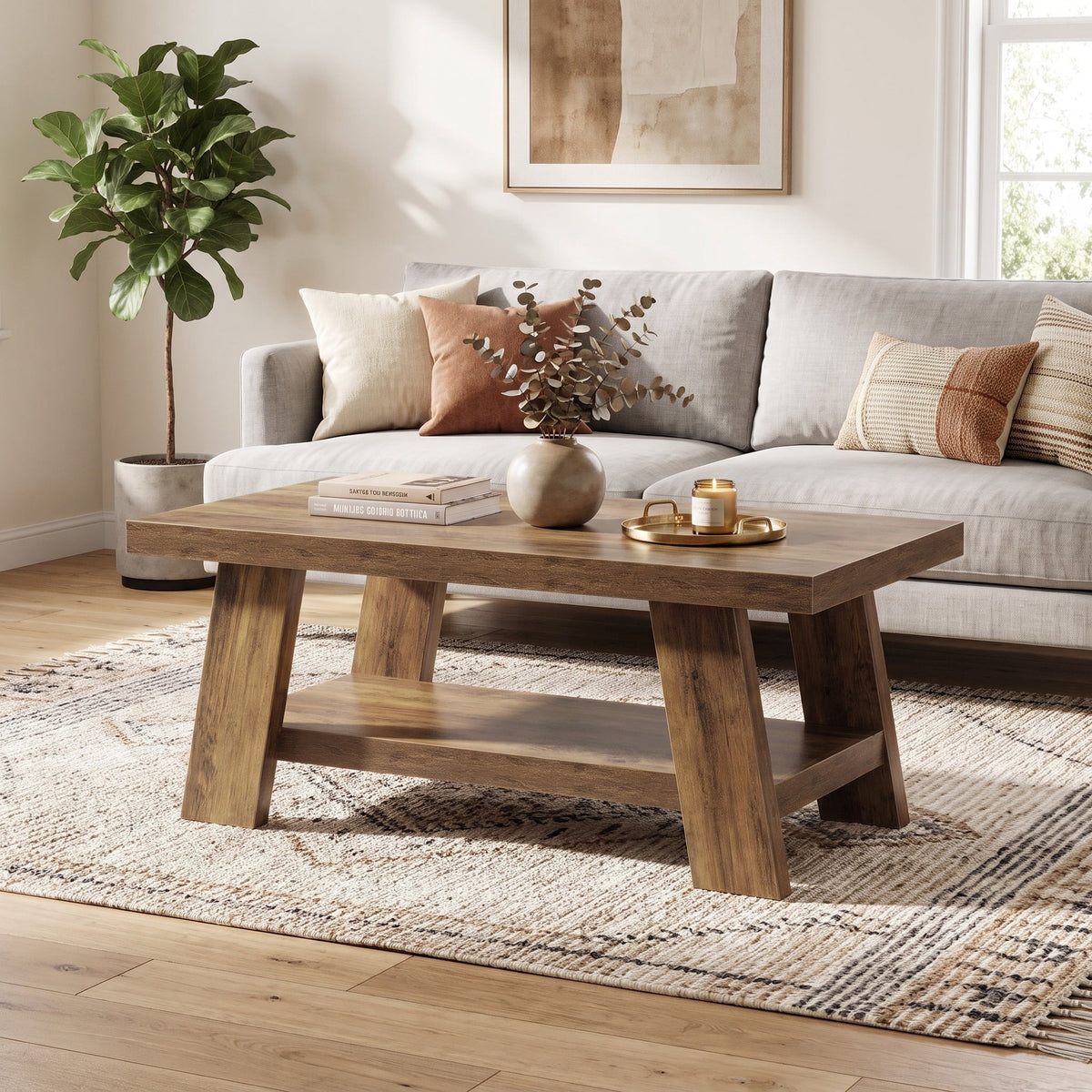 Fnova 47 Inch 2-Tier Farmhouse Coffee Table with Storage Shelf, Rectangle Center Table, Cocktail Tea Table for Living Room, Apartment, Home Office,WM010482_BN_US