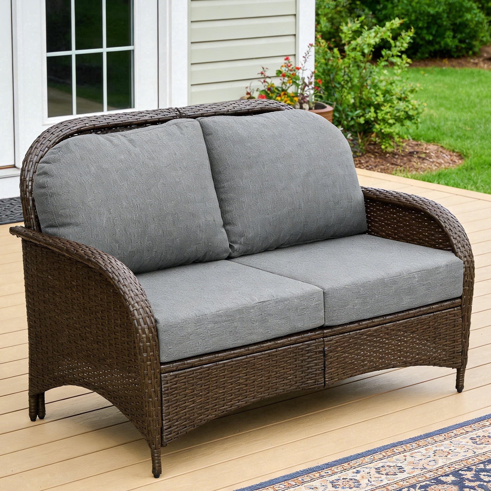 Fnova Outdoor Wicker Loveseat, PE Rattan 2 Person Patio Sofa with Cushions, 900 LBS Capacity, Weather Resistant Outdoor Furniture for Porch Backyard,WM011511_BL_US