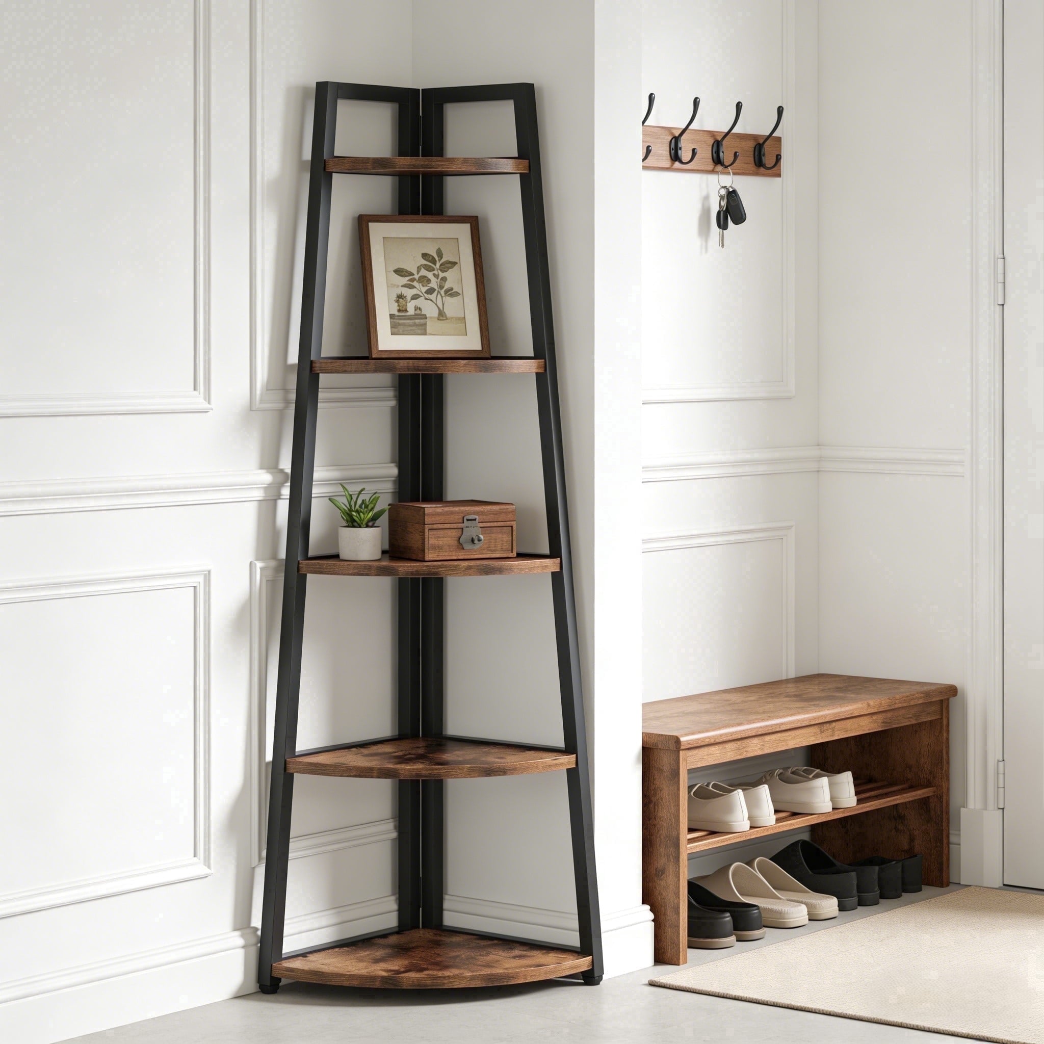 Fnova 71" 5-Tier Industrial Corner Ladder Shelf, Modern Corner Bookshelf, Compact Bookcase, Plant Stand for Living Room, Kitchen, Home Office,Brown