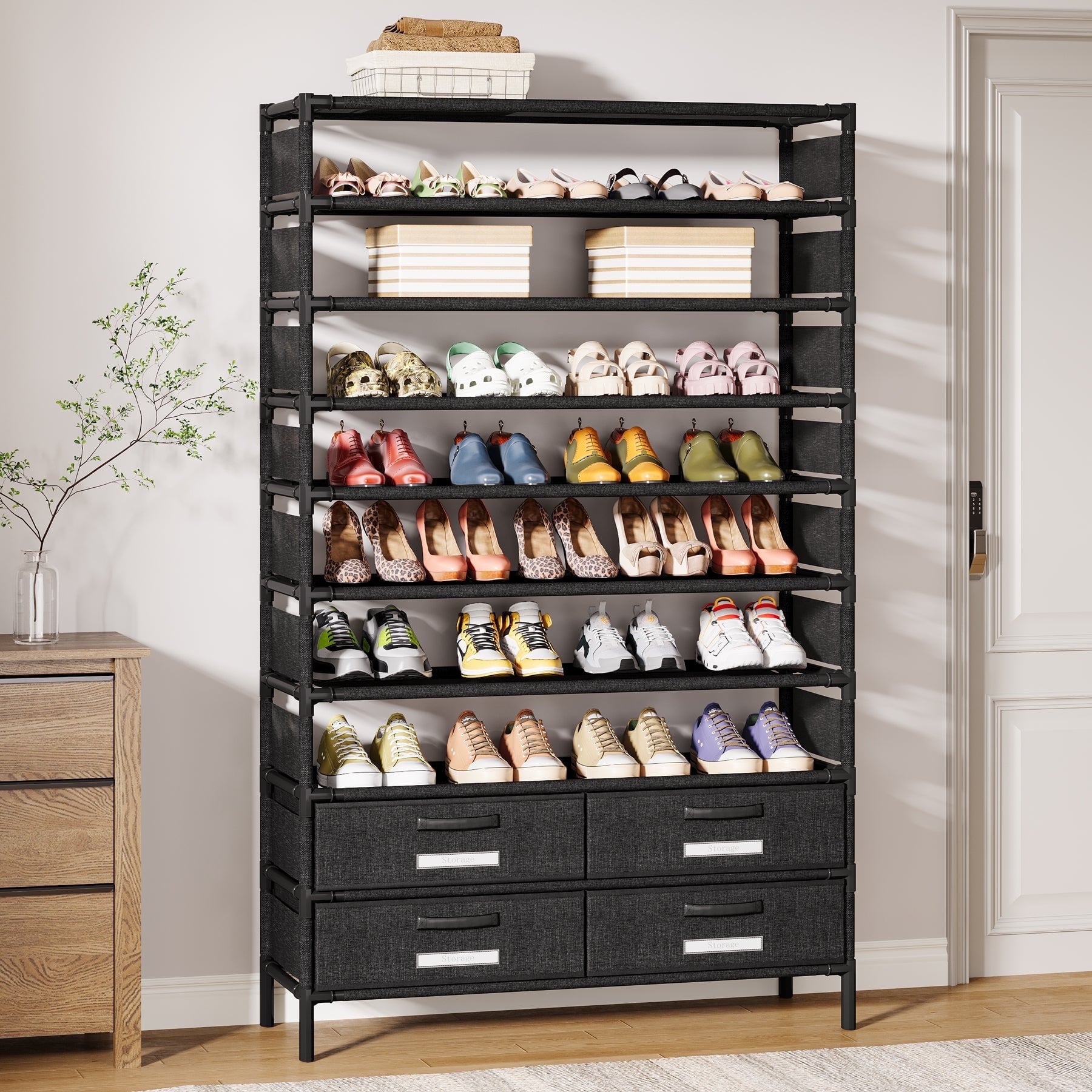 Fnova 10-Tier Shoe Rack Organizer with Drawers for Entryway, 32 Pairs Shoe Storage Shelf with Anti-Tip, Black,Black-4 Drawers