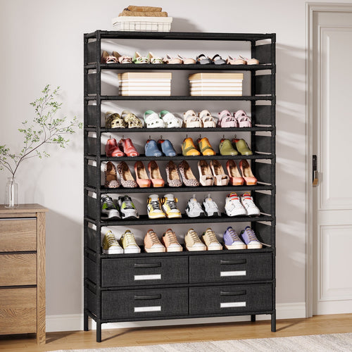 Fnova 10-Tier Shoe Rack Organizer with Drawers for Entryway, 32 Pairs Shoe Storage Shelf with Anti-Tip, Black,Black-4 Drawers
