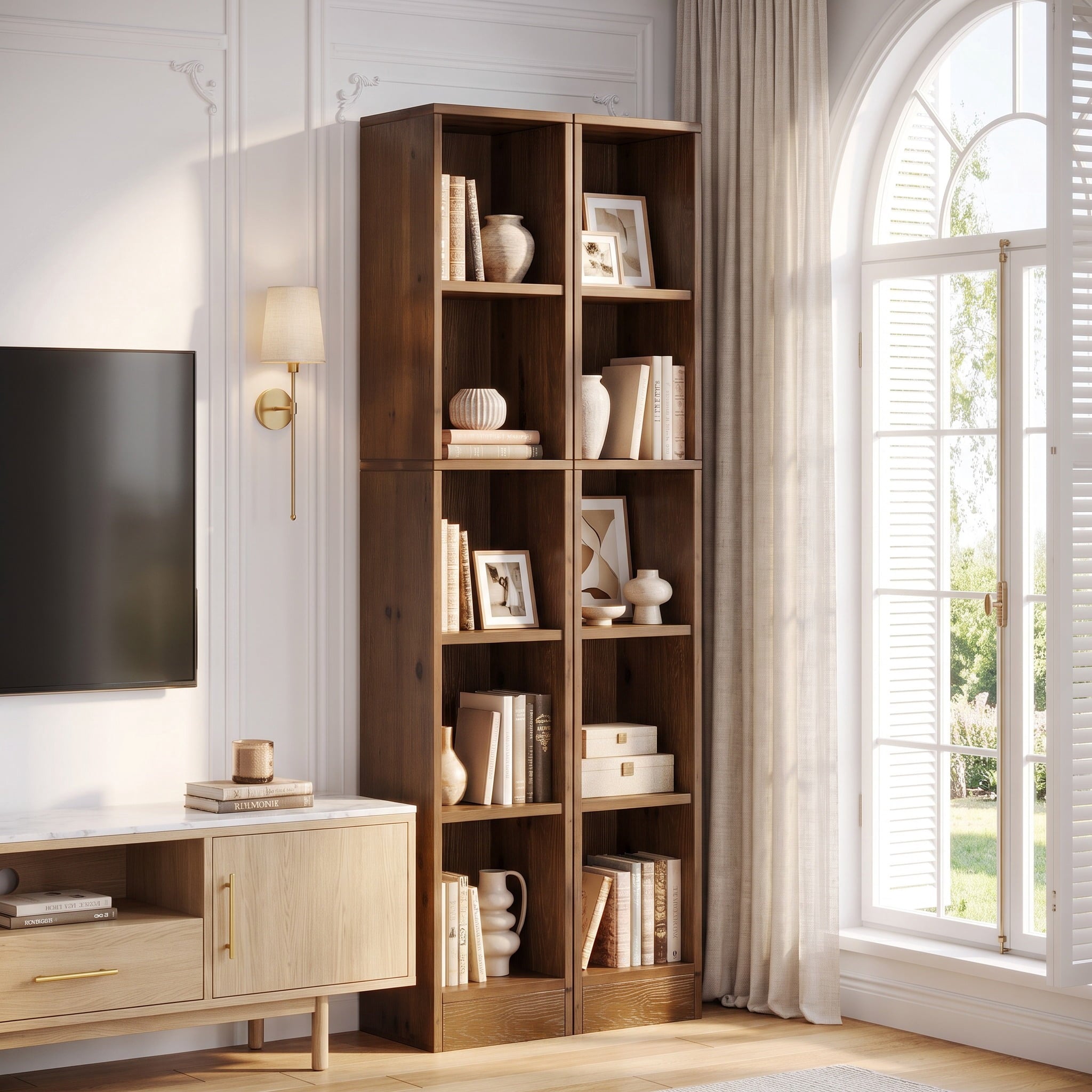 Fnova 70.9" Solid Wood Bookshelf Set of 2, 5-Tier Tall Narrow Bookcase, Freestanding Wood Storage Display Shelves for Living Room, Bedroom, Home Office, Brown
