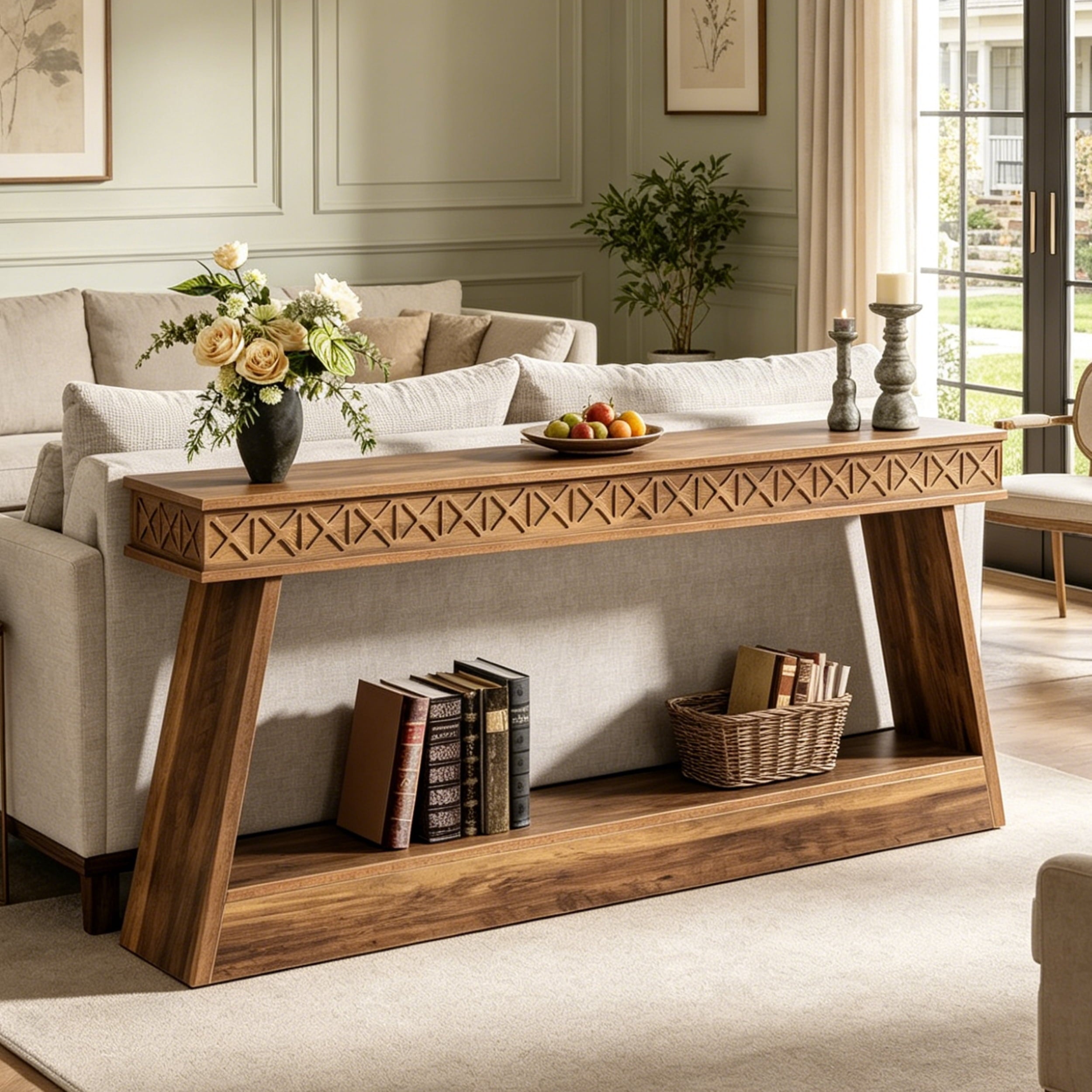 Fnova 70.87-Inch Farmhouse Console Table, 2-Tier Wood Entryway Sofa Table with Storage Shelf, Narrow Foyer Table for Living Room, Hallway, Brown,WM010341_BN_US