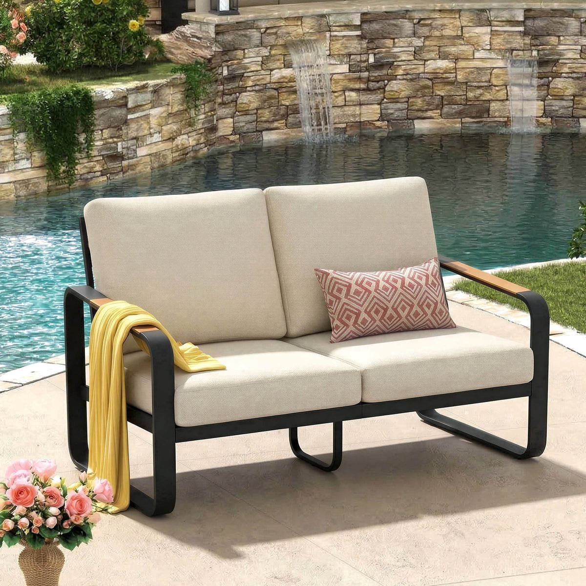 Fnova 2-Person Outdoor Loveseat, Heavy Duty Metal Patio Bench Sofa with 5.9-Inch Thick Cushions, Weather-Resistant Outdoor Seating Furniture for Porch, Backyard, Balcony and Patio,WM011504_W_US