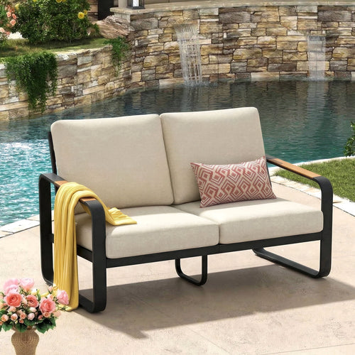 Fnova 2-Person Outdoor Loveseat, Heavy Duty Metal Patio Bench Sofa with 5.9-Inch Thick Cushions, Weather-Resistant Outdoor Seating Furniture for Porch, Backyard, Balcony and Patio,WM011504_W_US