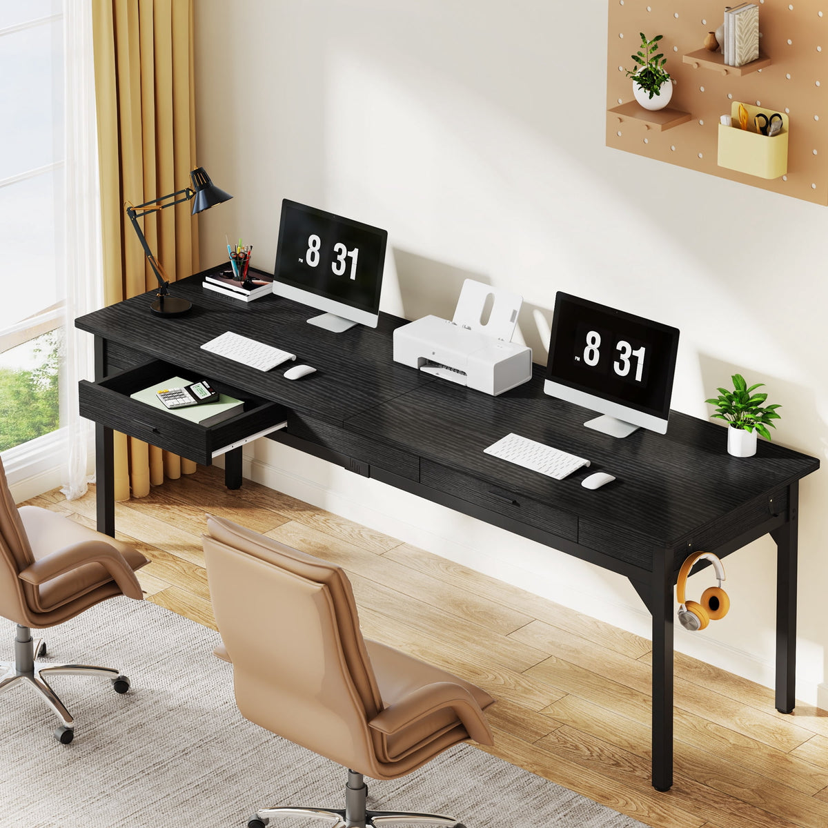 Fnova 78.74-Inch Industrial Computer Desk, Writing Desk with 2 Drawers & 2 Iron Hooks, Metal Frame Legs, for Bedroom/Living Room/Study/Home Office, Easy Assembly,WM010293_B_Tables