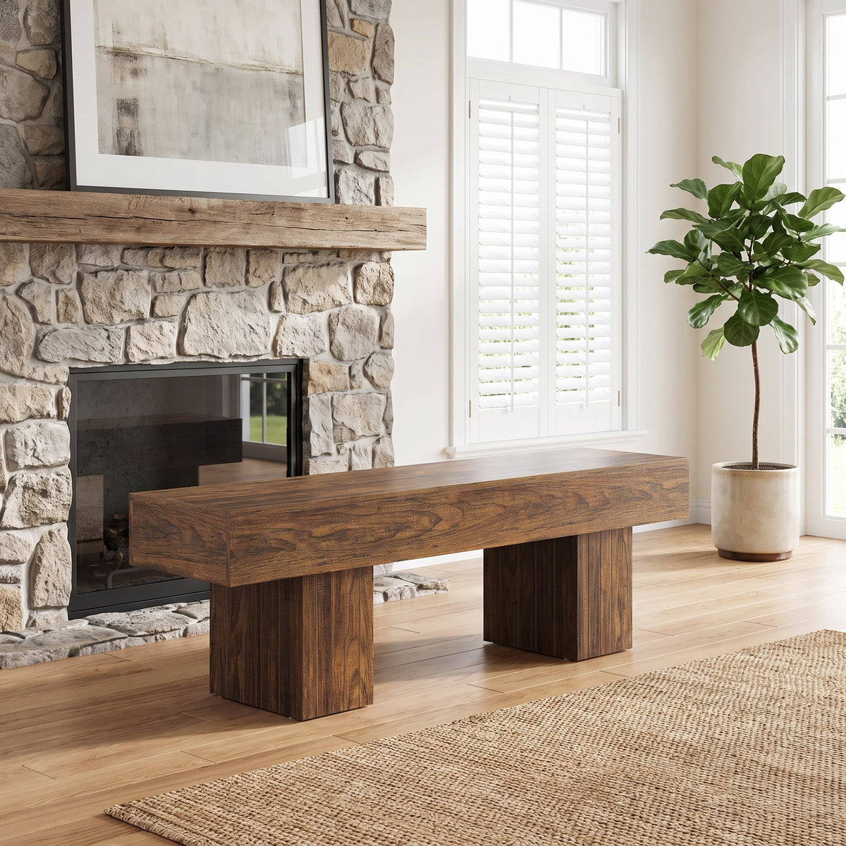 Fnova 55.12 Inch Farmhouse Wooden Bench, Wood Indoor Bench, Multi-Functional Long Seating Bench for Entryway Hallway Bedroom Dining Room,WM011212_BN_US