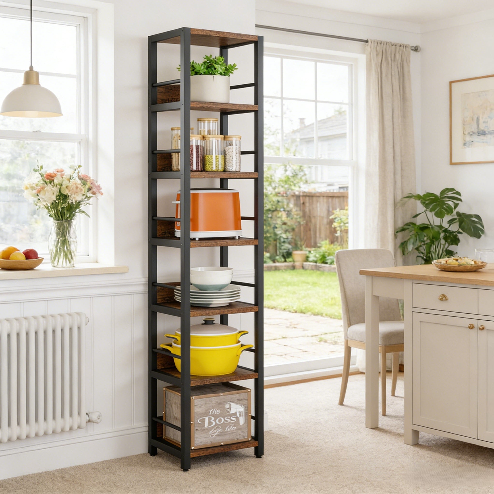 Fnova 75" 6-Tier Corner Bookshelf, Tall Narrow Rustic Wood Open Storage Rack, Square Bookcase Display Stand for Small Spaces in Living Room, Bathroom,Brown