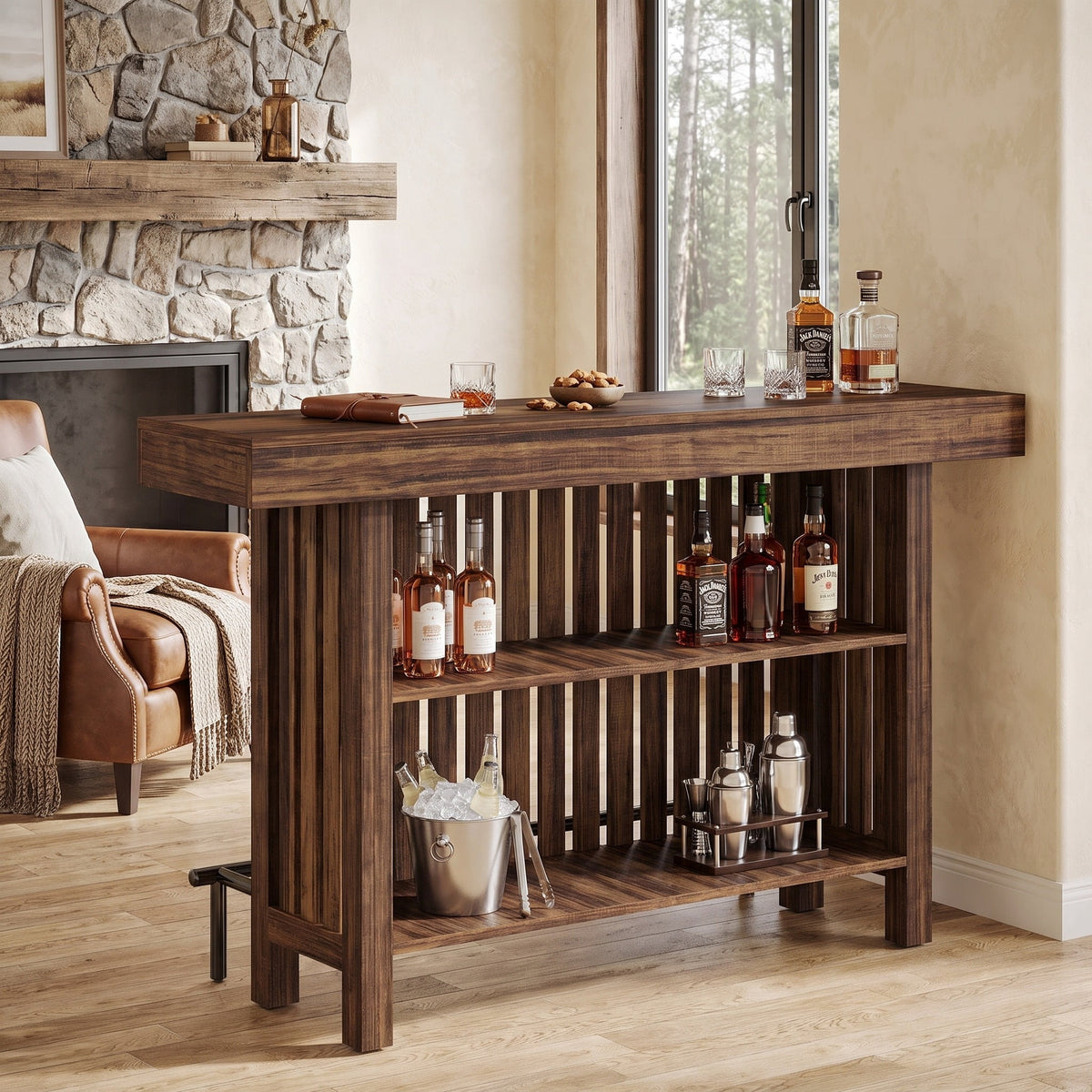Fnova 63 Inch Counter Height Bar Table with 2-Tier Storage, High Top Table for Kitchen, Home Bar Dining Room, Small Space,WM010936_BN_US