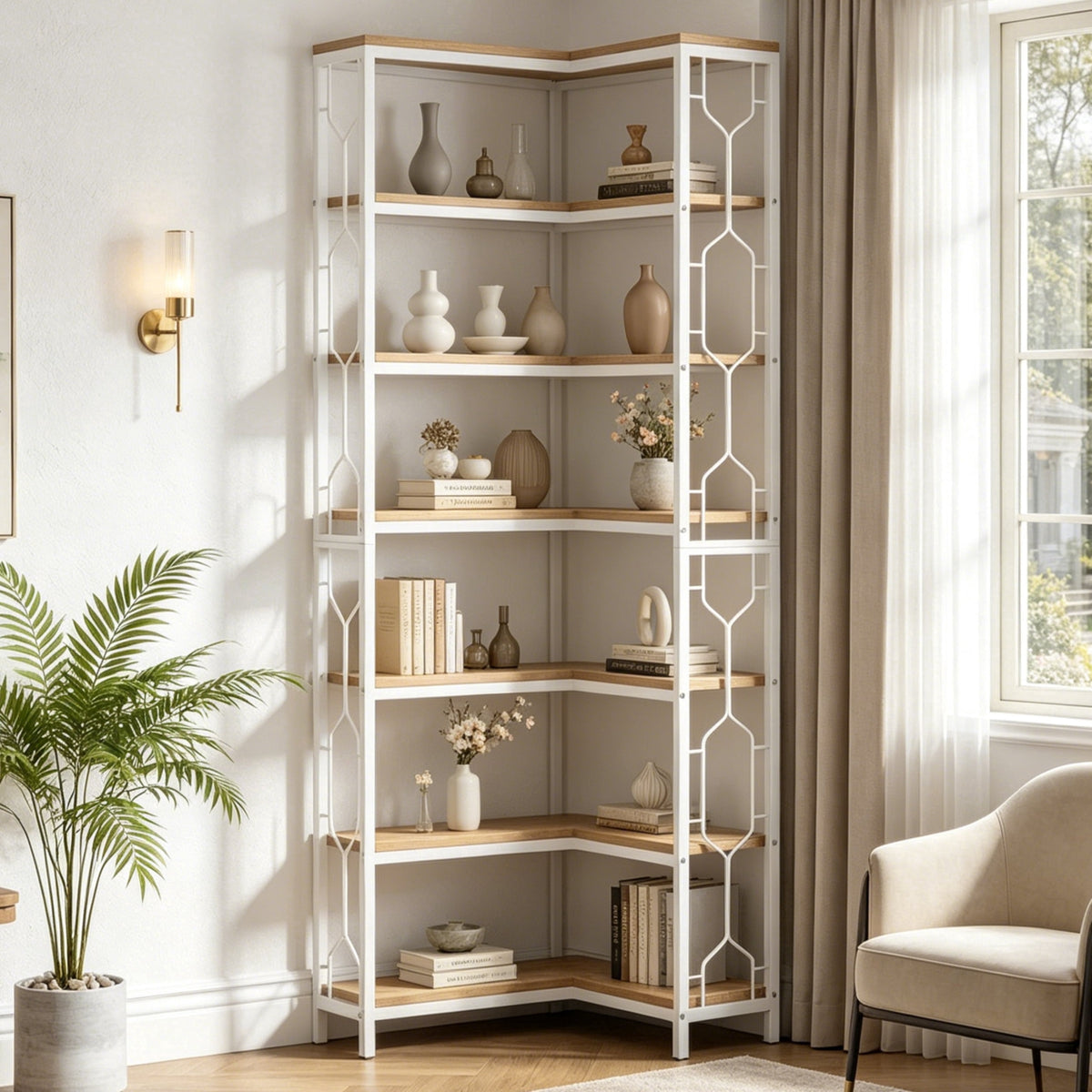 Fnova 7-Tier Industrial Corner Storage Shelf Unit, Space-Saving Bookcase Display for Living Room Bedroom Home Office,WM010549_LBNW_US