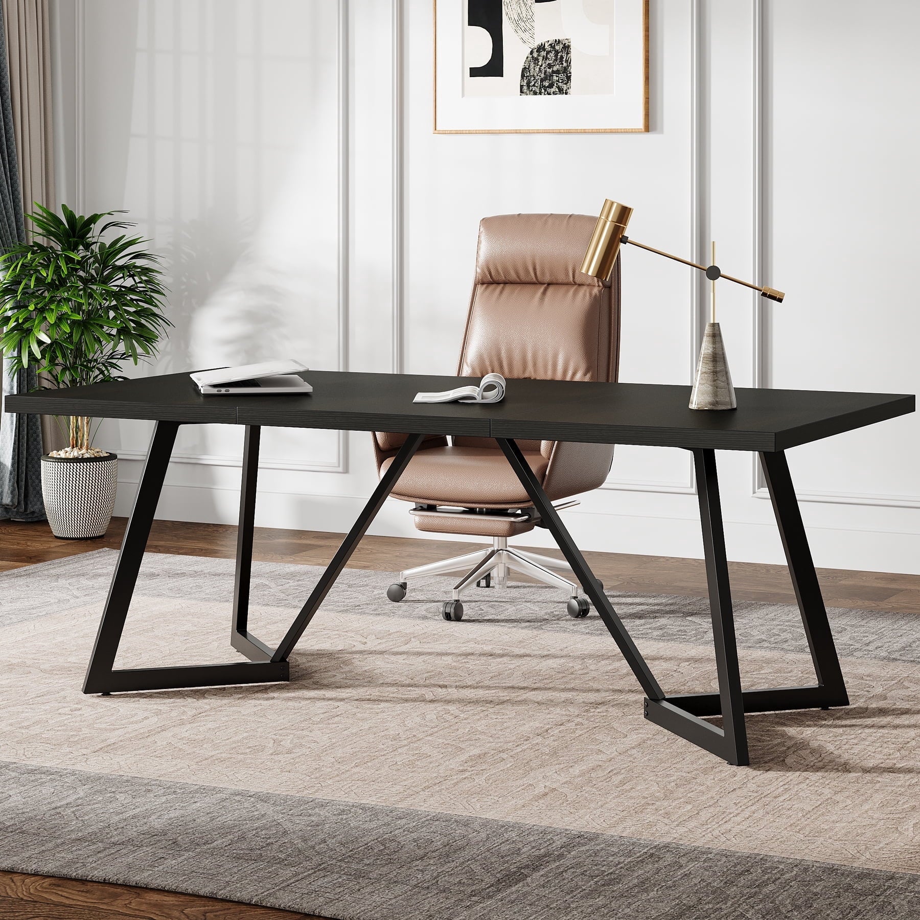 Fnova 70.86-Inch Computer Desk, Modern Meeting Conference Table with Metal Frame, Rectangular Dining Table for Home Office, Living Room,WM010279_B_Tables