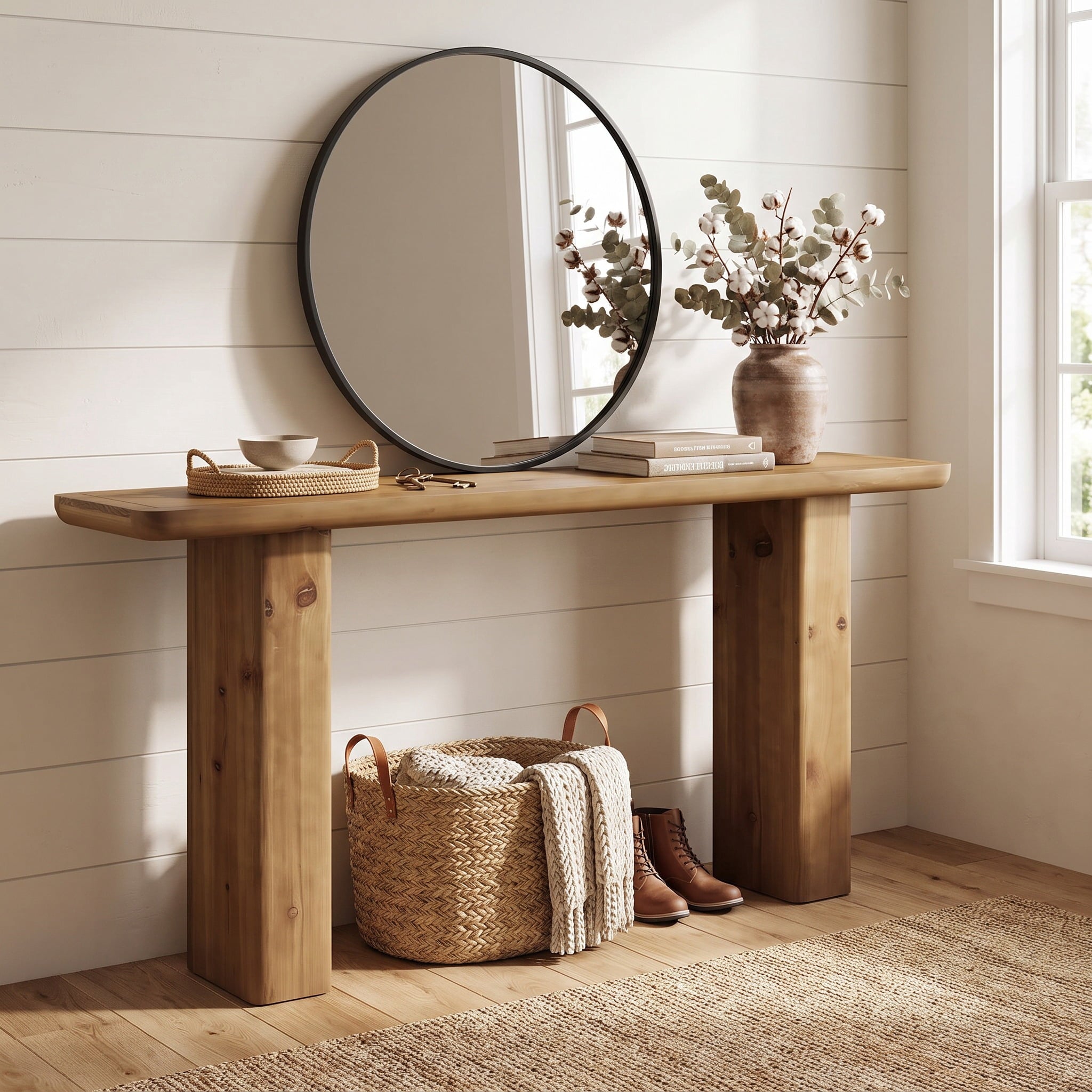 Fnova 63-Inch Solid Wood Farmhouse Console Table, Rustic Entryway Table with Anti-Tip Design, Narrow Long Sofa Table for Living Room, Hallway, Foyer,WM010927_BN_US