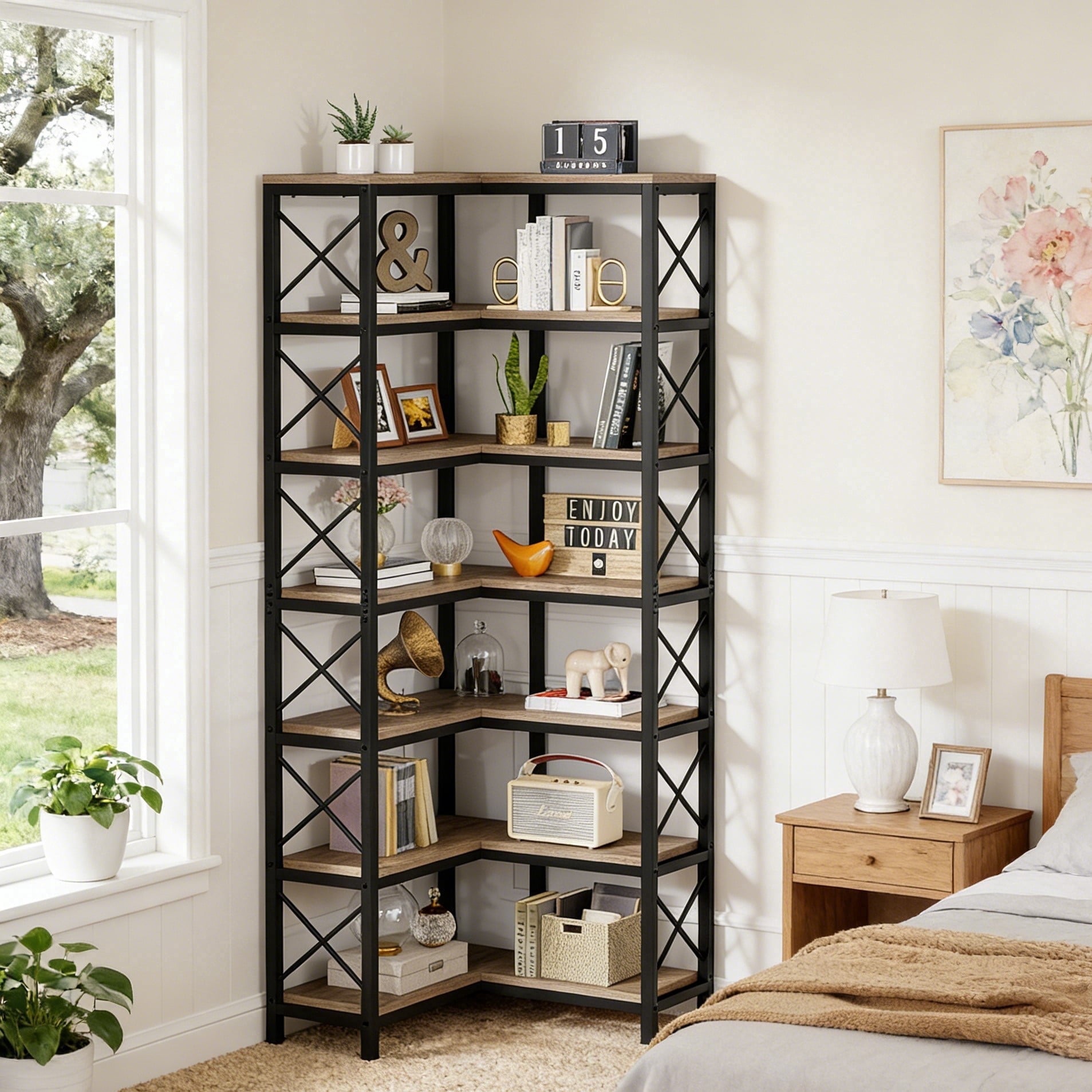 Fnova 78.7" Tall 7-Tier Corner Bookshelf, Industrial Large Corner Bookcase Storage Display Rack with Metal Frame for Living Room Home Office,Gray