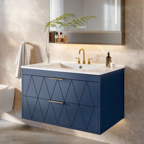 Fnova 30" Bathroom Vanity with Sink, Suspension Modern Bathroom Sink Cabinet with 2 Drawers, Bath Storage Vanity Sink with Metal Handles, Solid Wood Frame, Blue,0