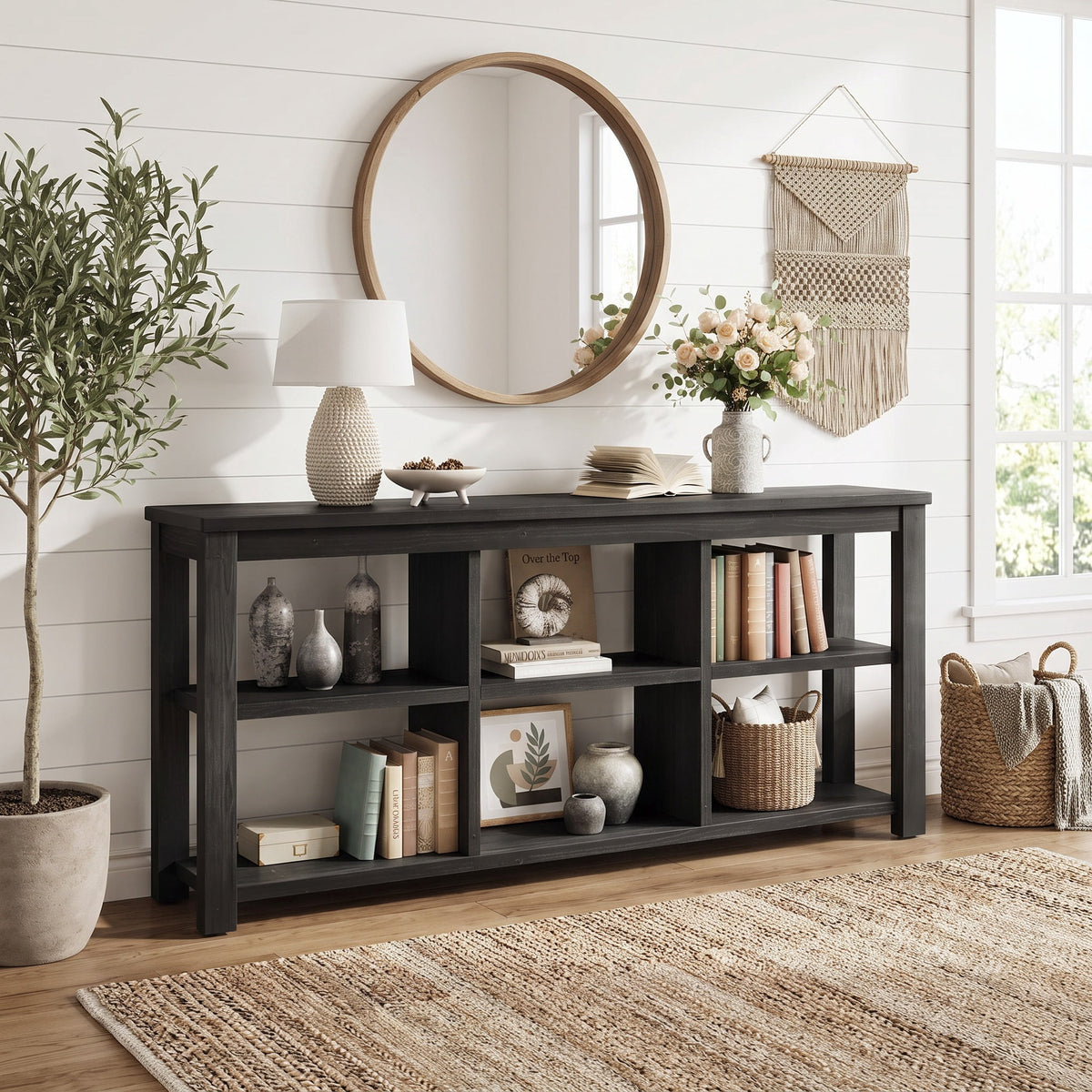 Fnova 63 Inch Solid Wood Console Table, 3-Tier Farmhouse Sofa Table Behind Couch with 6 Storage Cubes for Living Room, Hallway, Foyer,WM010981_B_US