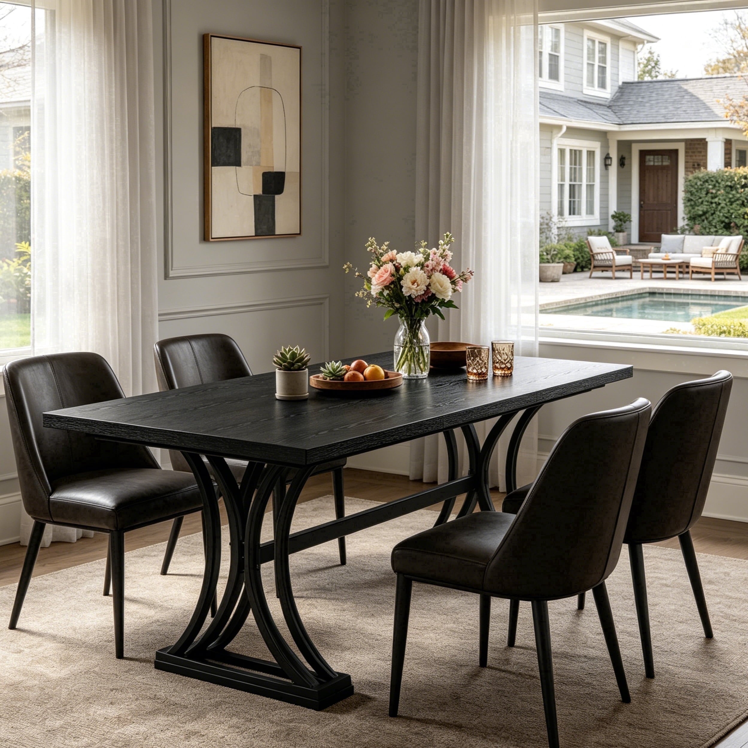 Fnova 63" Modern Dining Table, Rectangular Wooden Top Kitchen Table, Stylish Metal Trestle Legs, Seats 4 to 6 for Dining Room & Kitchen, Living Room,Brown