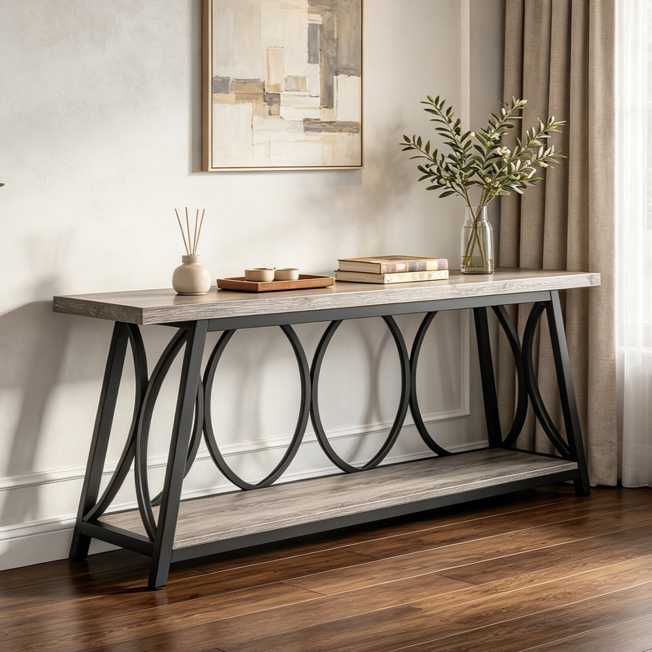 Fnova 70.87" Extra Long 2-Tier Console Table, Industrial Sofa Table with Decorative Circular Metal Frame,  Entryway Hallway Behind Couch Storage Console,Gray