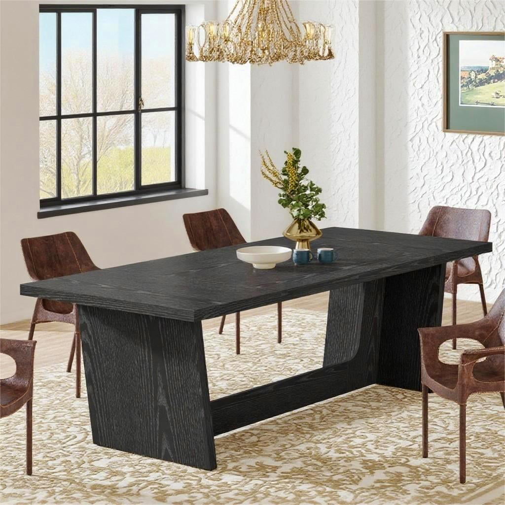 Fnova 70.87" Rectangular Dining Table for 4-6 People, Farmhouse Wood Kitchen Table with Sturdy Legs, Easy to Assemble,Black