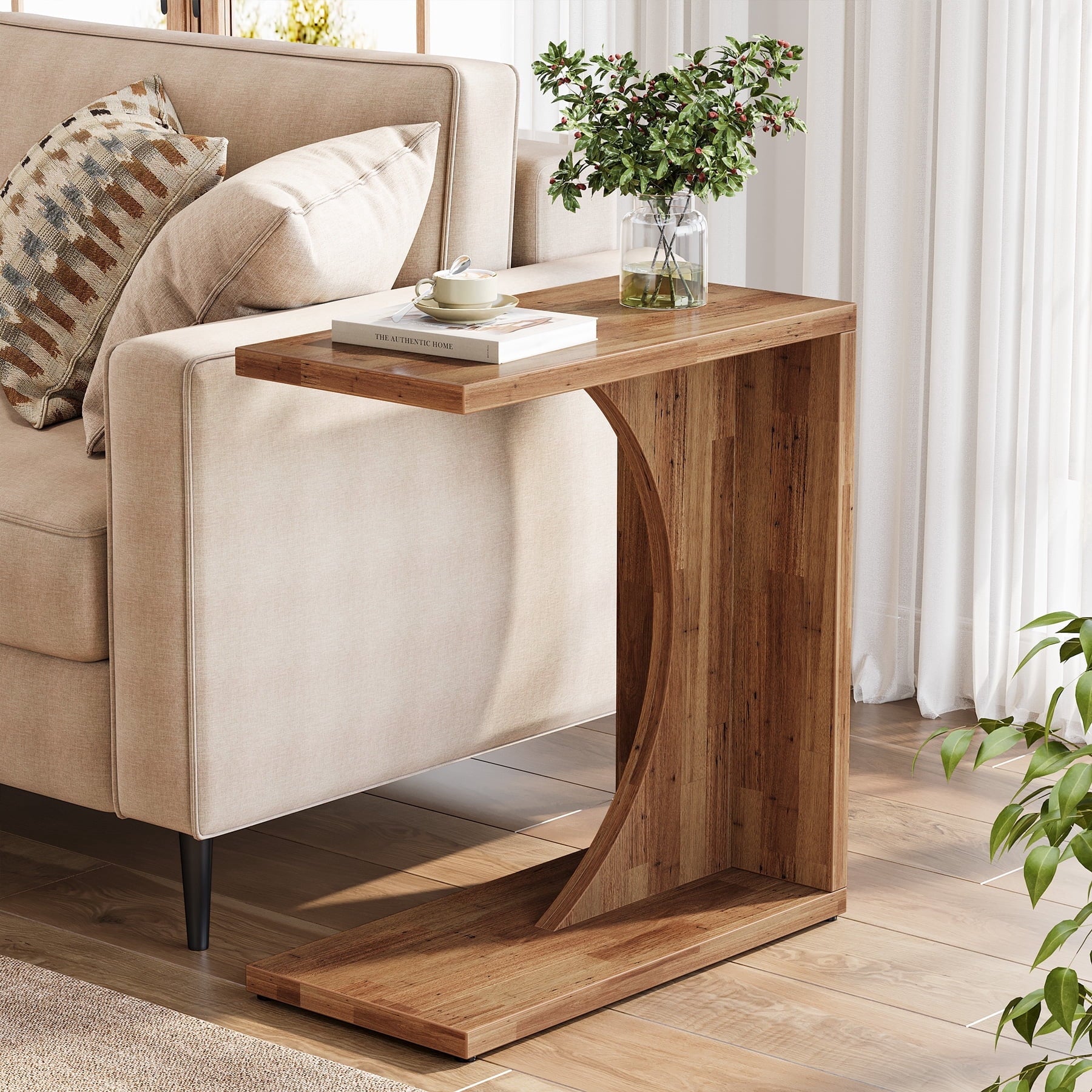 Fnova End Table Farmhouse C-shaped Side Table, Narrow Wooden Sofa Table with Space-Saving Design, Modern Bedside Table, Easy Assembly, Corner Table for Living Room, Bedroom, Nightstand, Brown,Brown
