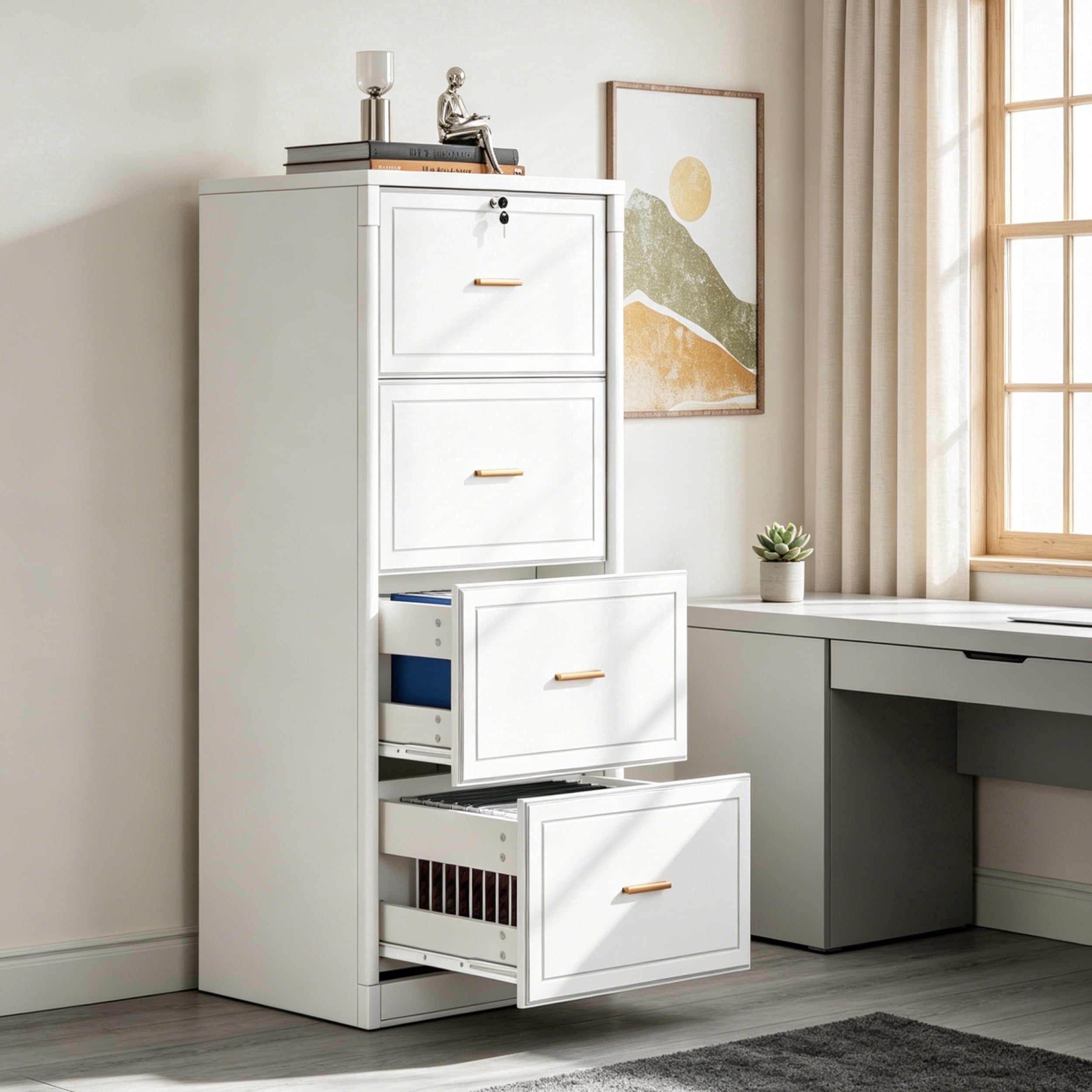 Fnova 4-Drawer File Cabinet, Tall Filing Cabinet with Lock and Key, Heavy Duty Wooden Vertical Office Storage Organizer for Legal Size/Letter/A4/Files, Home Office, White,White