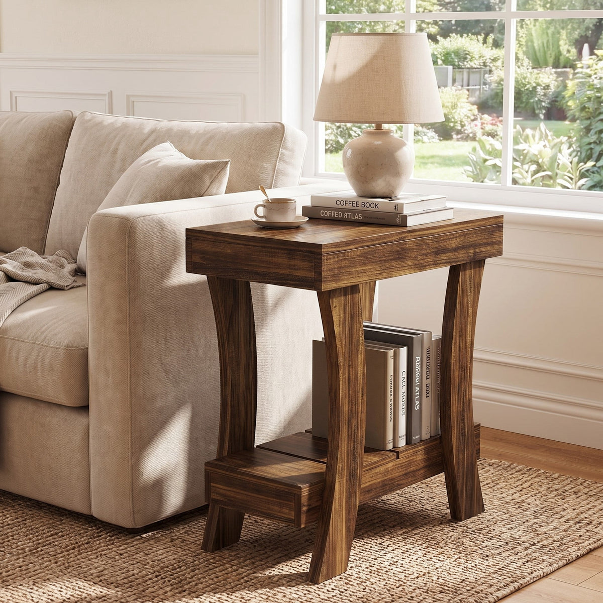 Fnova Narrow 2-Tier Rectangular End Table with Storage Shelf, Small Wood Nightstand, Bedside Table for Bedroom, Living Room, Small Spaces, Compact Sofa Side Table,WM010157_DBN_US