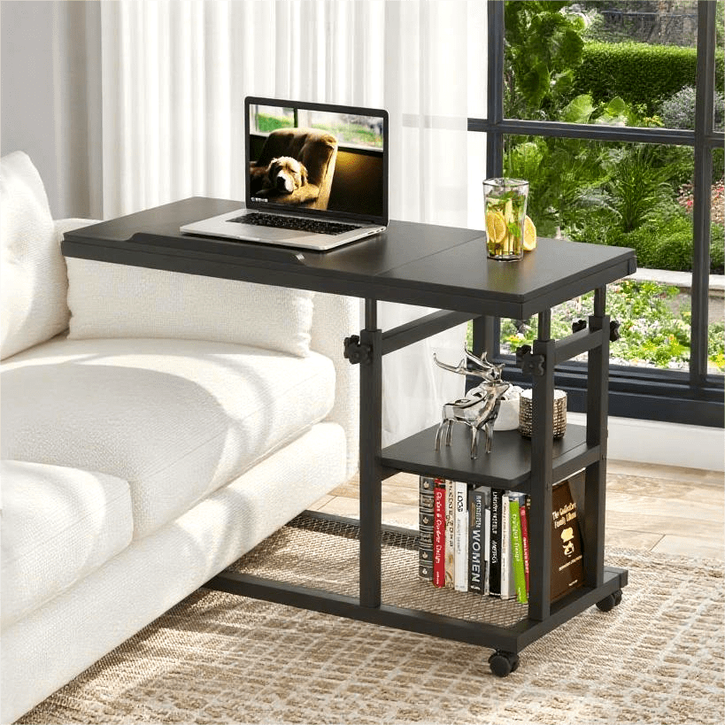 Fnova Mobile Side Table with Wheels, Snack Tray, Height-Adjustable C-Shape Desk, Tiltable Drawing Board, Laptop Stand, Storage Shelves for Living Room, Bedside Table for Couch,Black