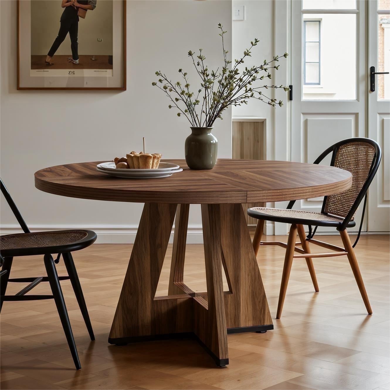 Fnova 47" Round Dining Table for 4 People, Modern Farmhouse Wooden Kitchen Table, Walnut (Chairs Not Included),Walnut