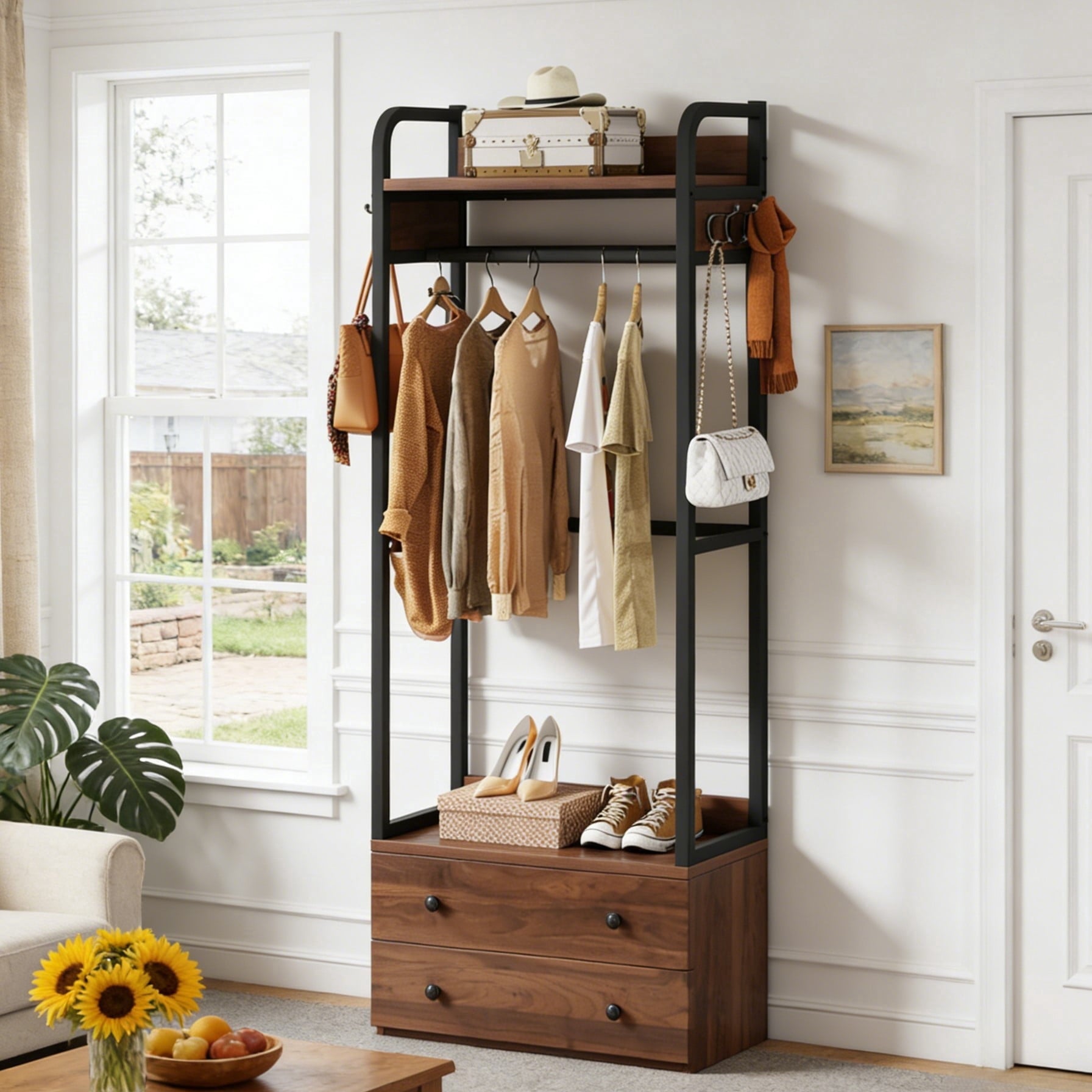 Fnova 74.8-Inch Organizer Rack, Tall Freestanding Storage Rack With 2 Drawers, Shelves, 6 Hooks, Industrial Clothes Rack Coat Rack Hall Tree For Hallway, Entryway, Bedroom, Easy Assembly,WM010531_BN_Shelf