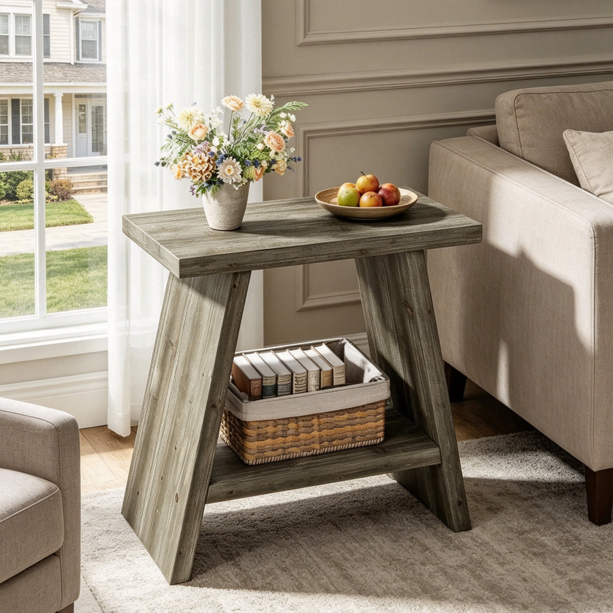 Fnova Solid Wood 2-Tier End Table with Storage, Farmhouse Side Table Accent Table Bedside Nightstand, Easy Assembly, for Living Room, Bedroom, Entryway, Small Space,WM010139_DBN_US