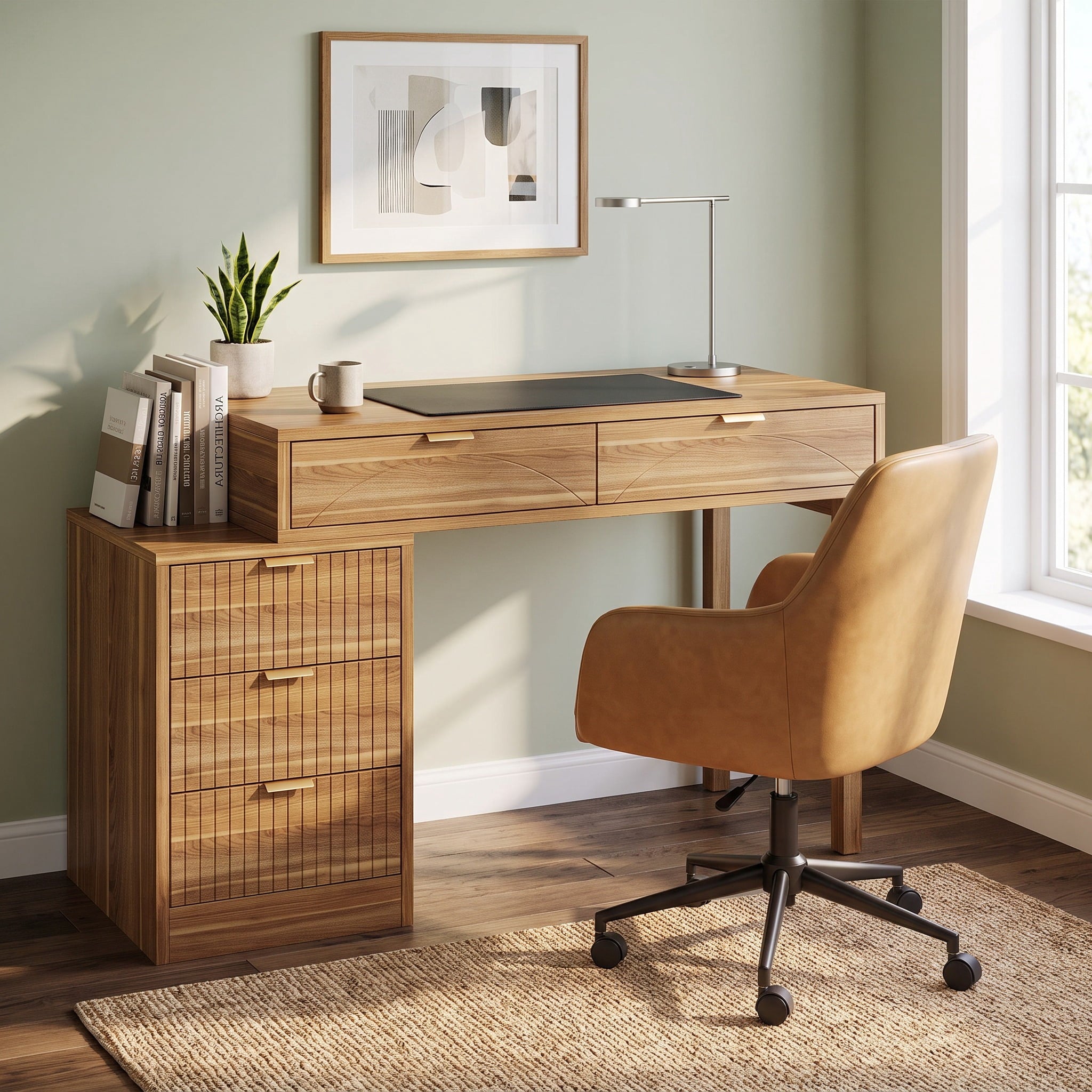 Fnova Reversible Computer Desk with 5 Large Drawers, 39.37-Inch Home Office Writing Desk, Vanity Desk, Brown,WM010406C_BN_Desk
