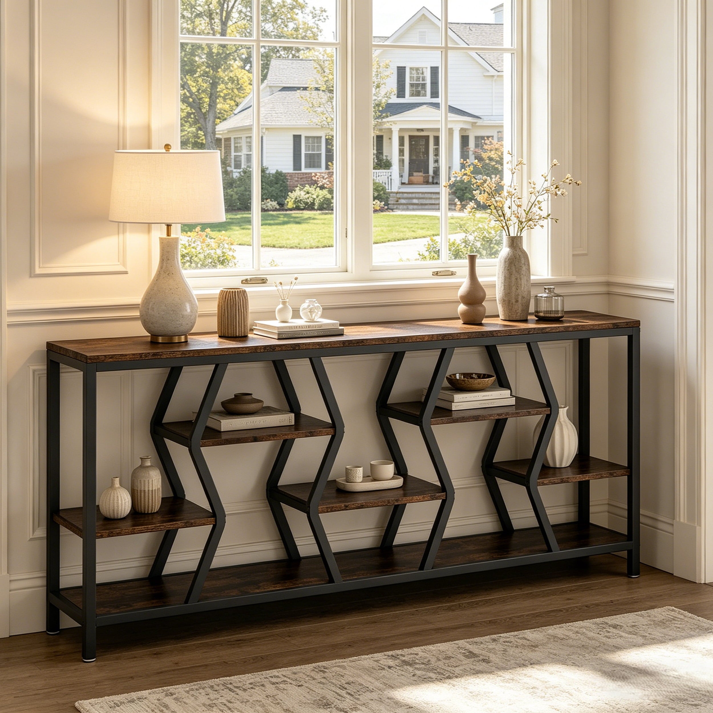 Fnova 70.9-Inch Industrial Console Table, Extra Long Narrow Entryway Table with 4 Tier Storage Shelves, Sofa Table Behind Couch for Hallway, Living Room, Foyer,WM010388_BNB_US
