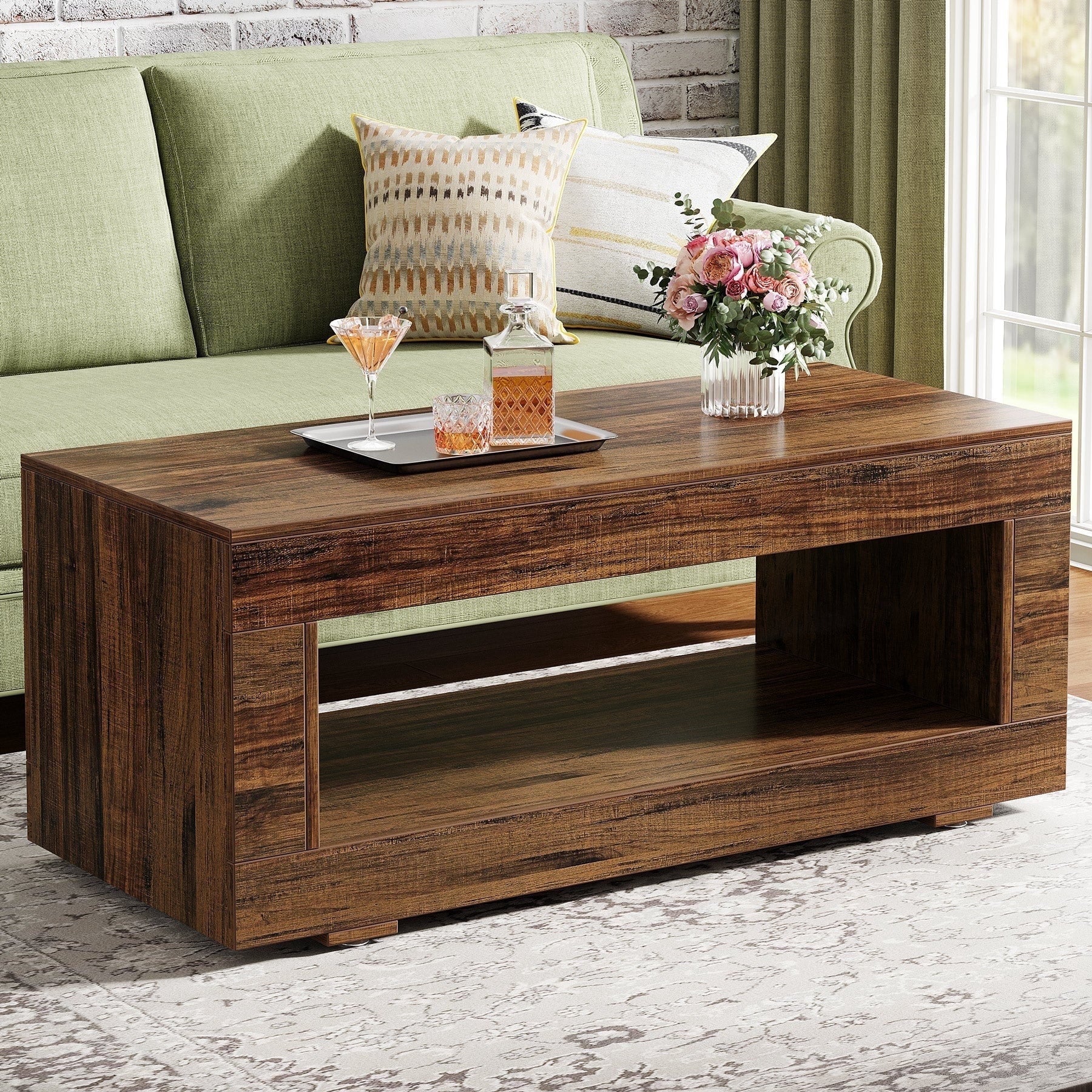 Fnova 43-Inch Farmhouse Coffee Table, Wood Accent Center Table with Storage, 2-Tier Rectangular Sofa Table for Living Room,WM010255_BN_Tables