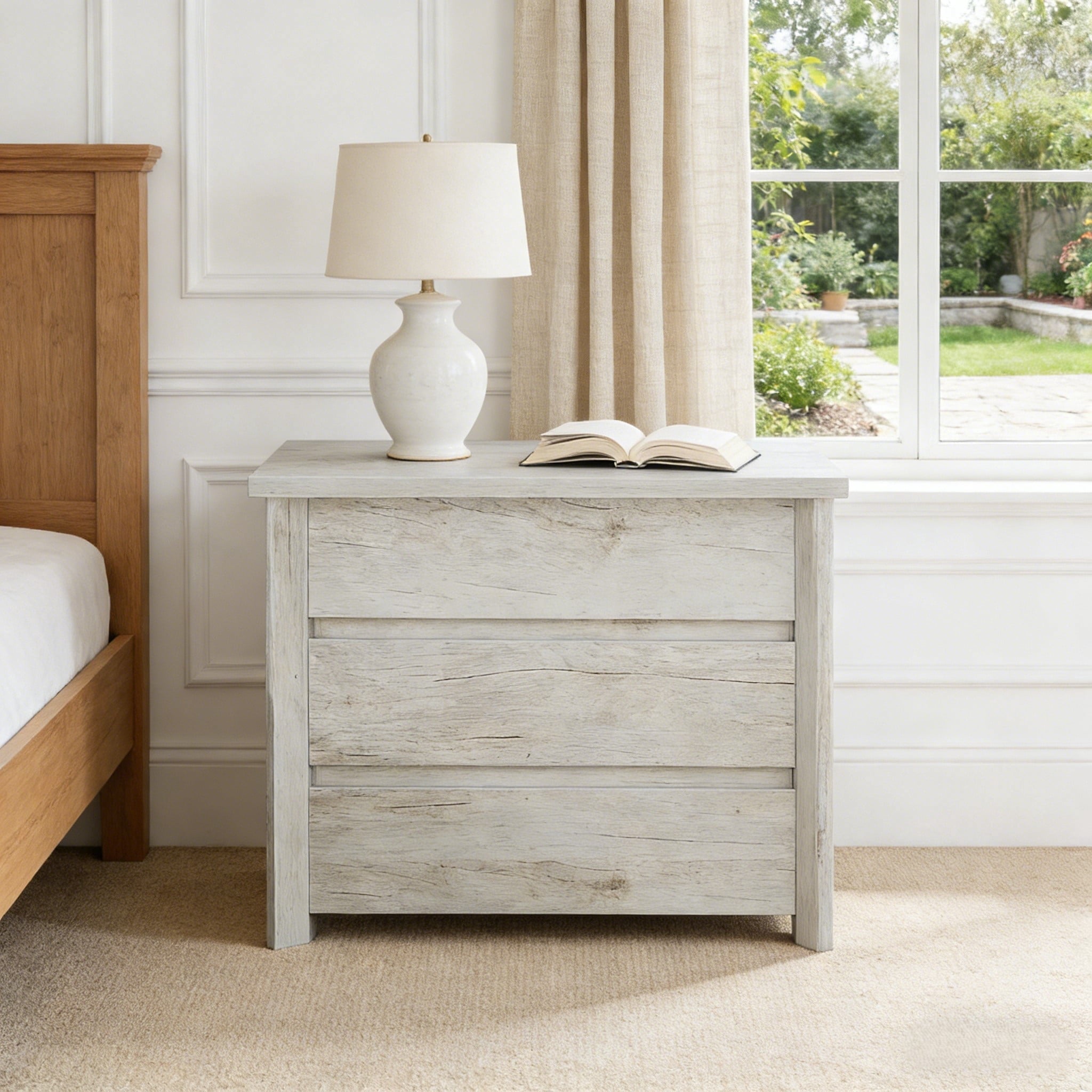 Fnova Wood Nightstand with 3 Drawers, Large Farmhouse Nightstand with Storage for Bedroom and Small Spaces, Easy Assembly, White,WM011325_W_Tables